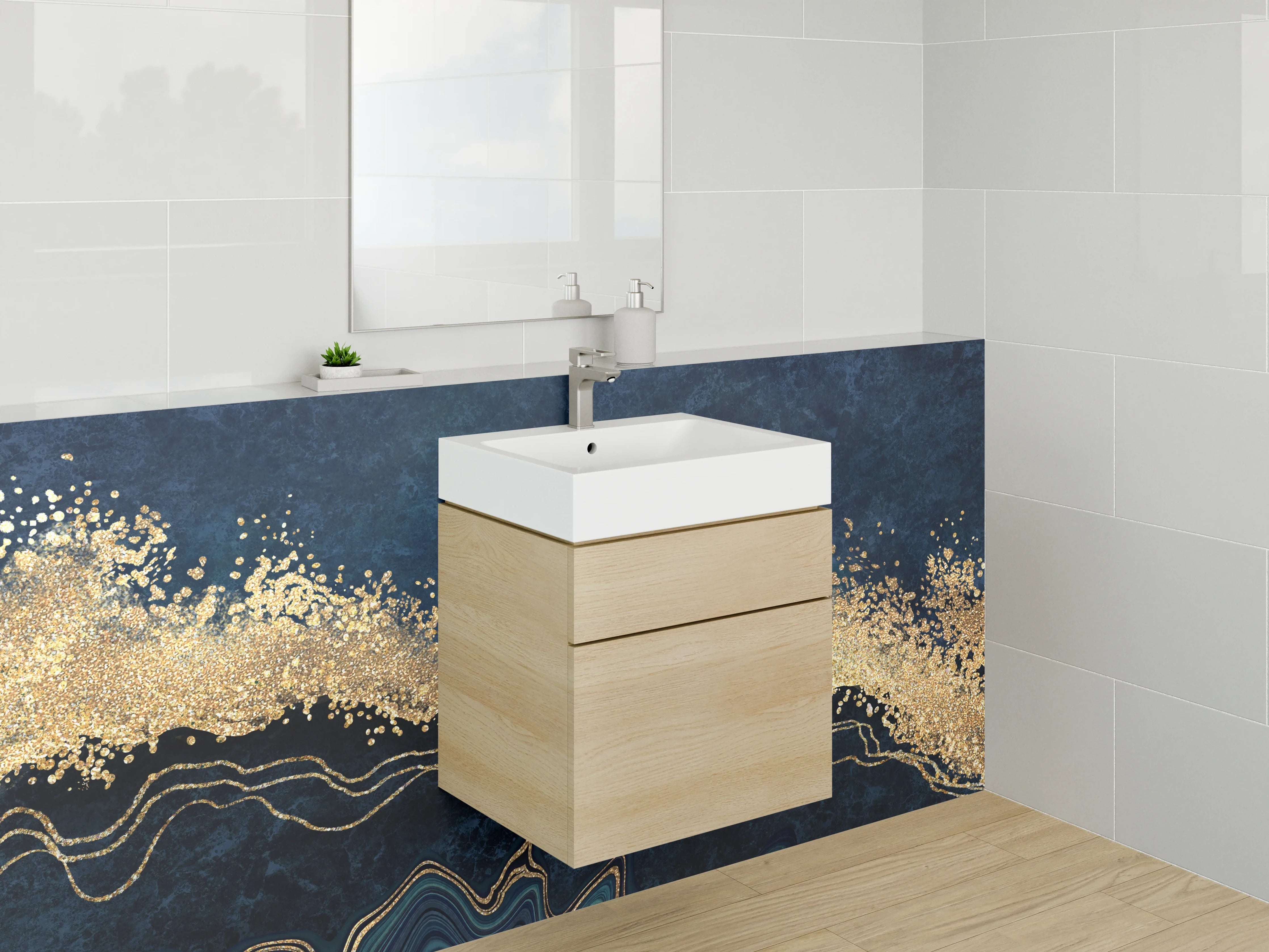 Waschbecken-Rückwand - Abstrakte Wellen in Blau und Gold