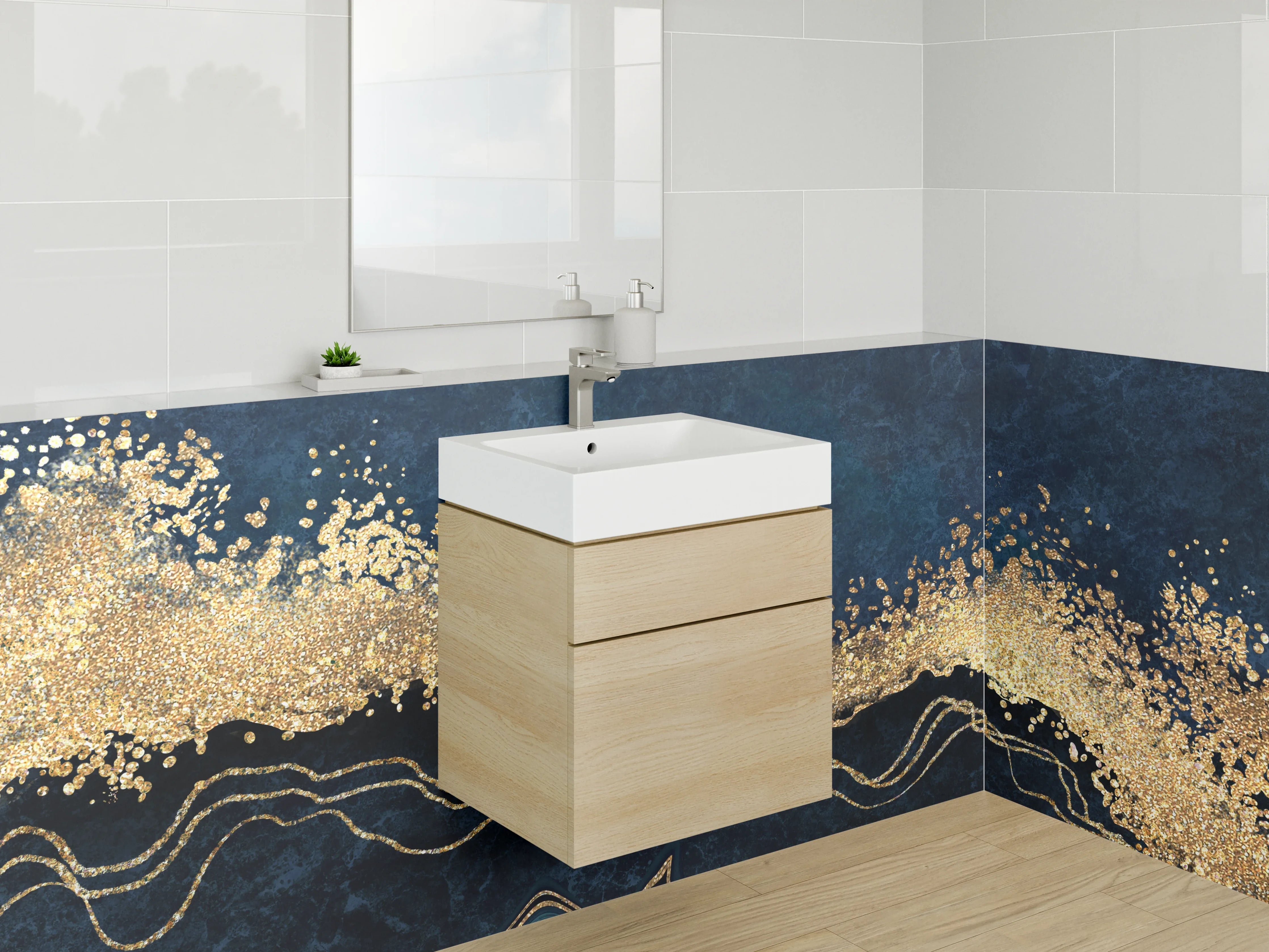 Waschbecken-Rückwand - Abstrakte Wellen in Blau und Gold