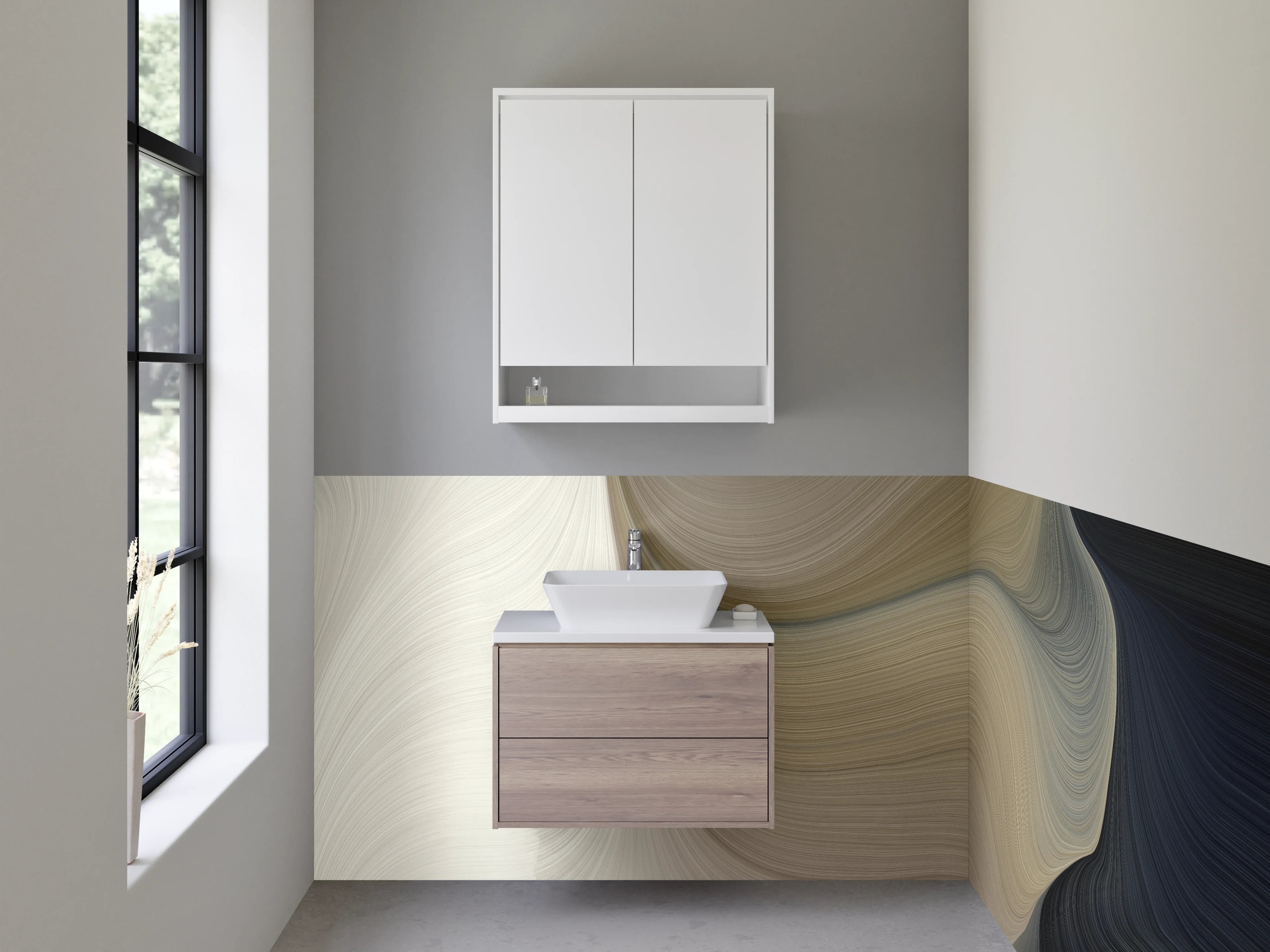 Waschbecken-Rückwand - Abstrakte Wellenstruktur in Beige und Grau