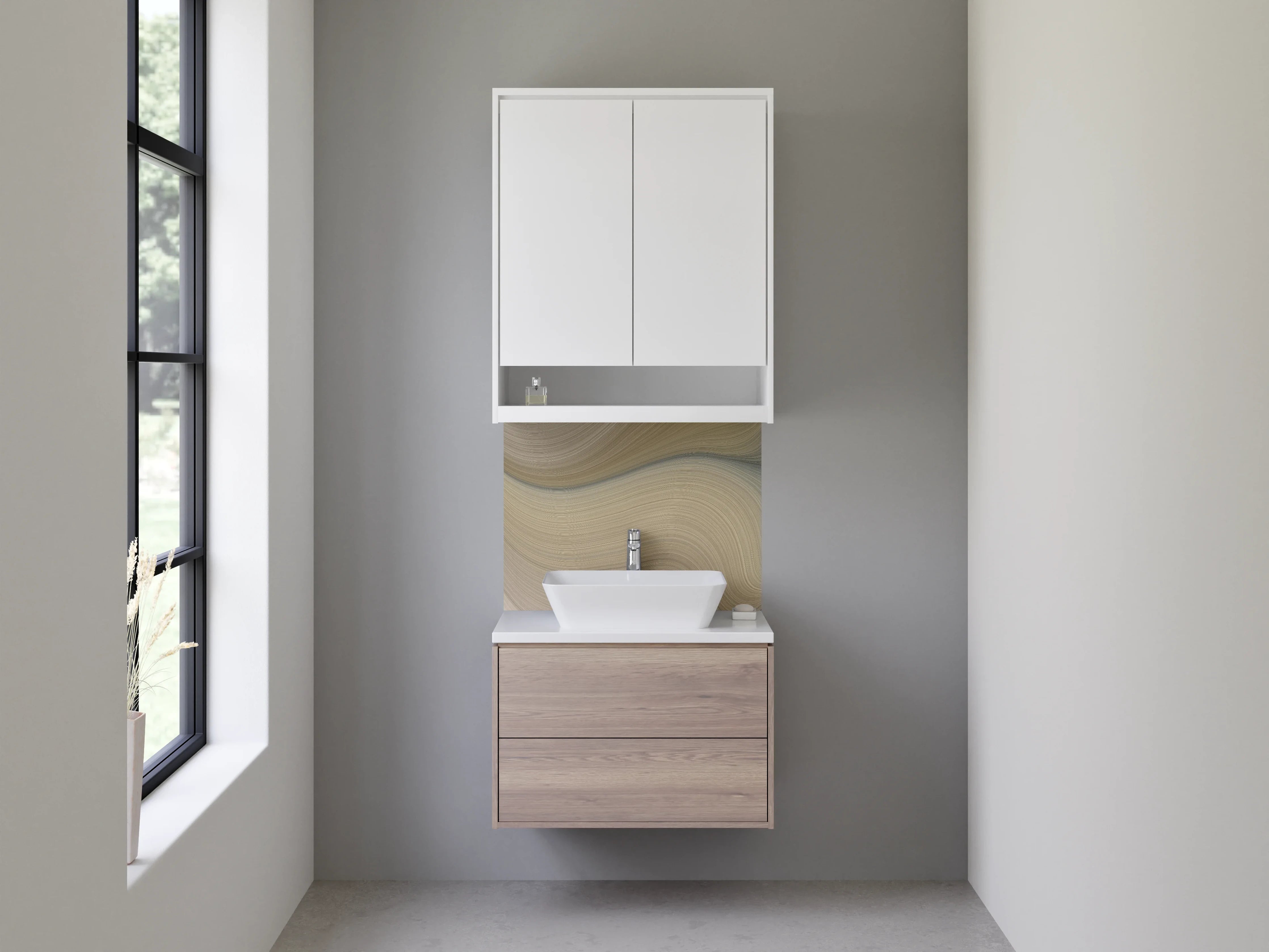 Waschbecken-Rückwand - Abstrakte Wellenstruktur in Beige und Grau