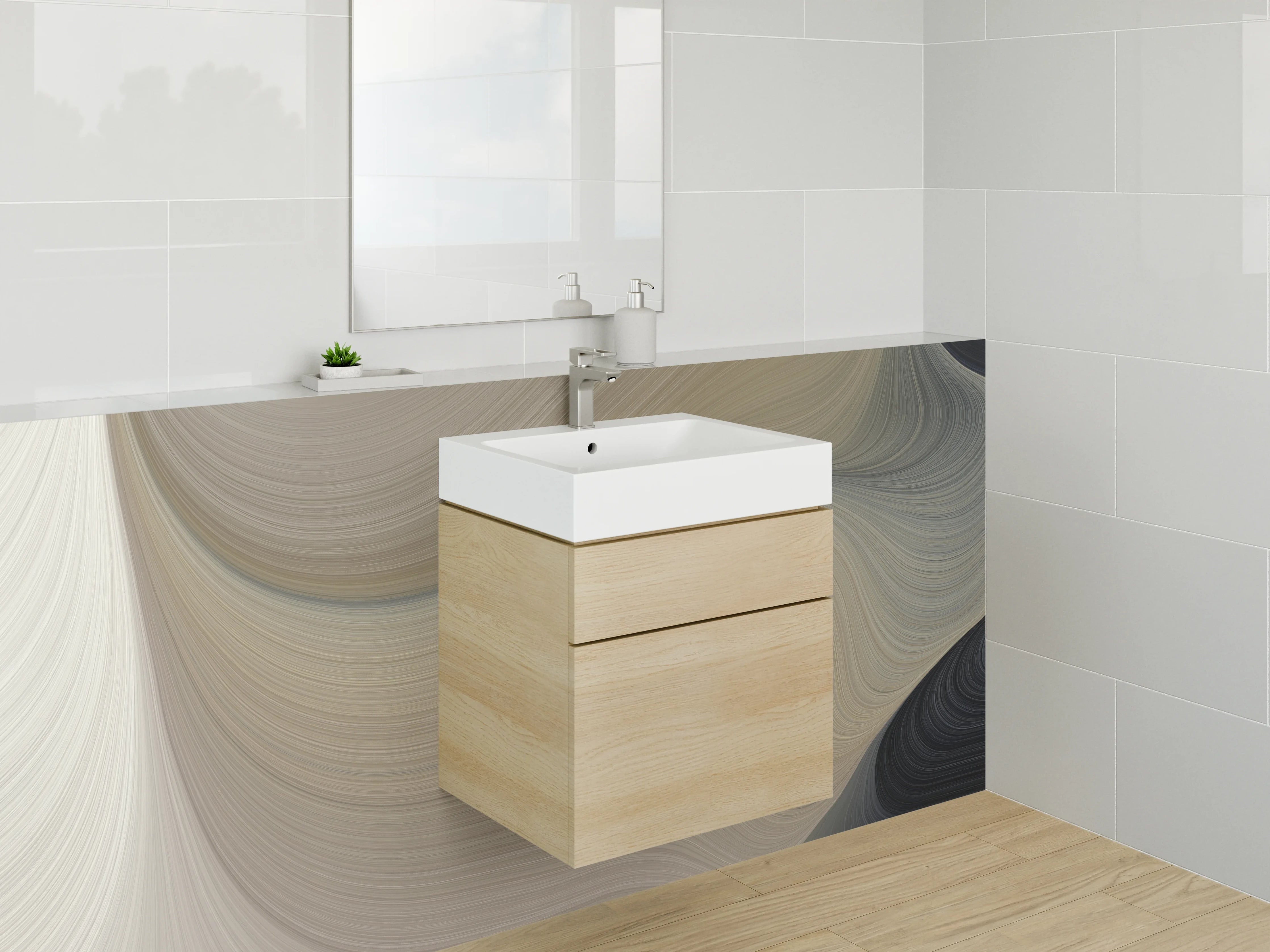Waschbecken-Rückwand - Abstrakte Wellenstruktur in Beige und Grau