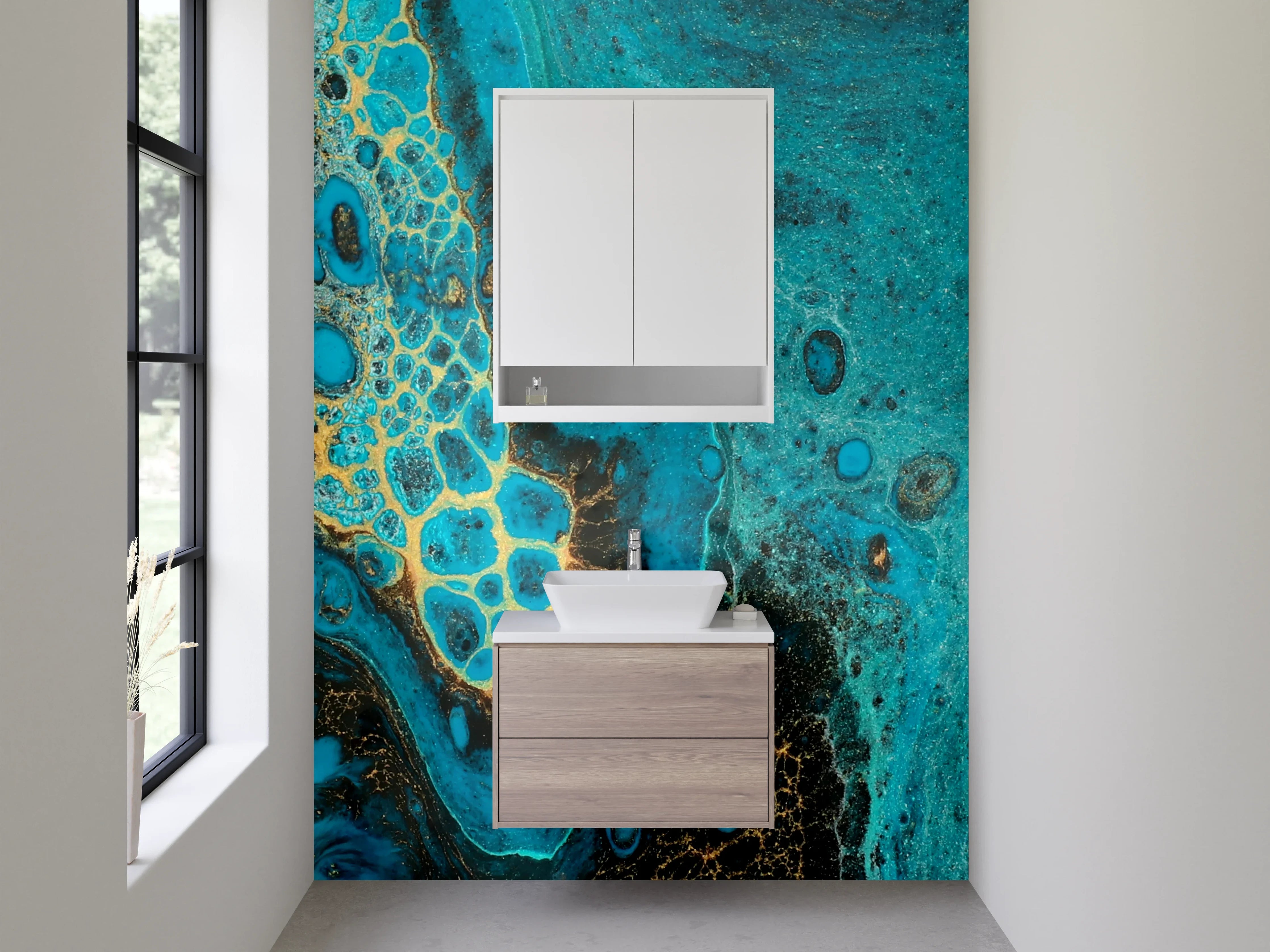 Waschbecken-Rückwand - Abstrakte blau-goldene Marmorstruktur