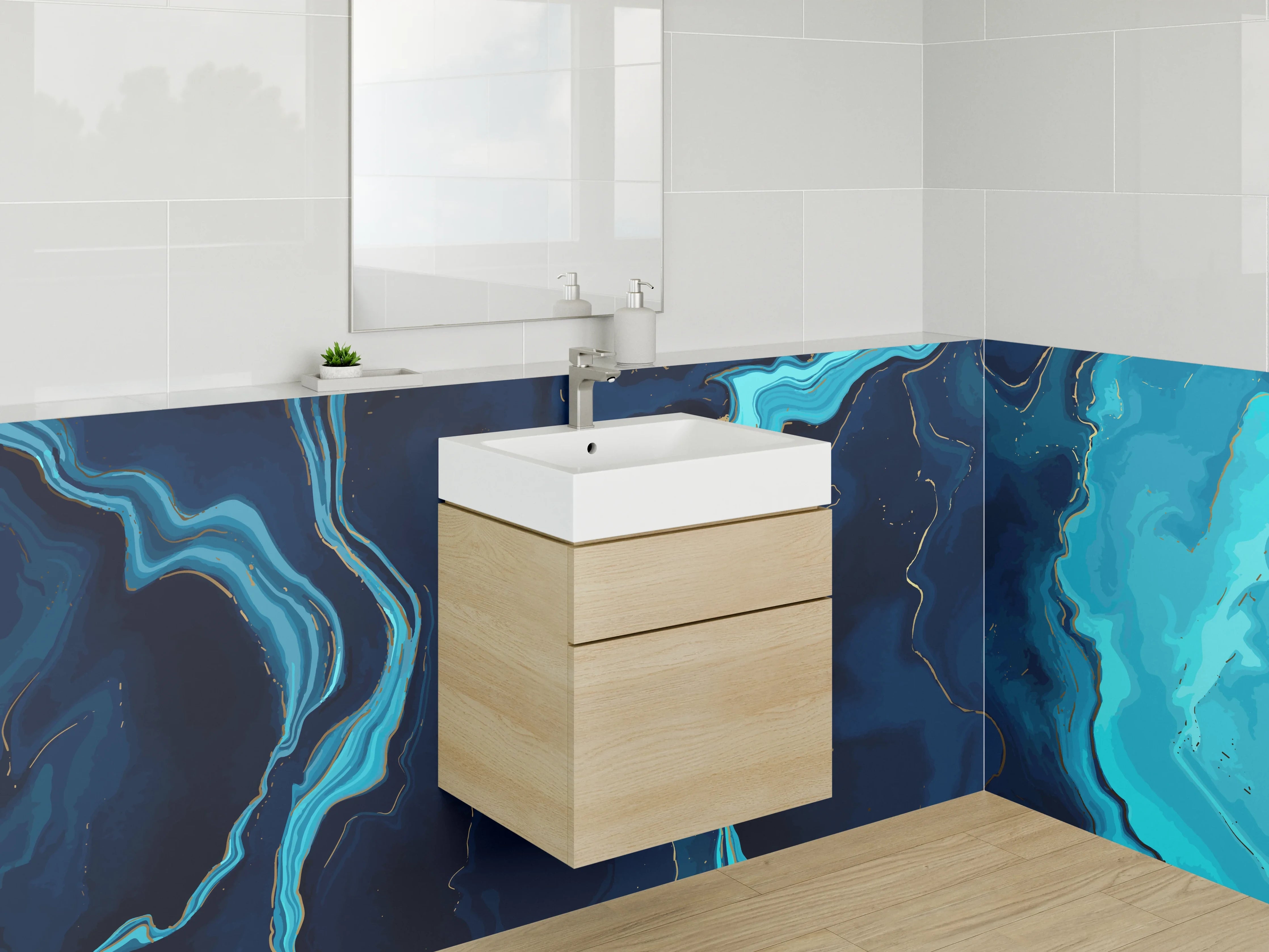 Waschbecken-Rückwand - Abstrakte blaue Marmor-Optik Kunst