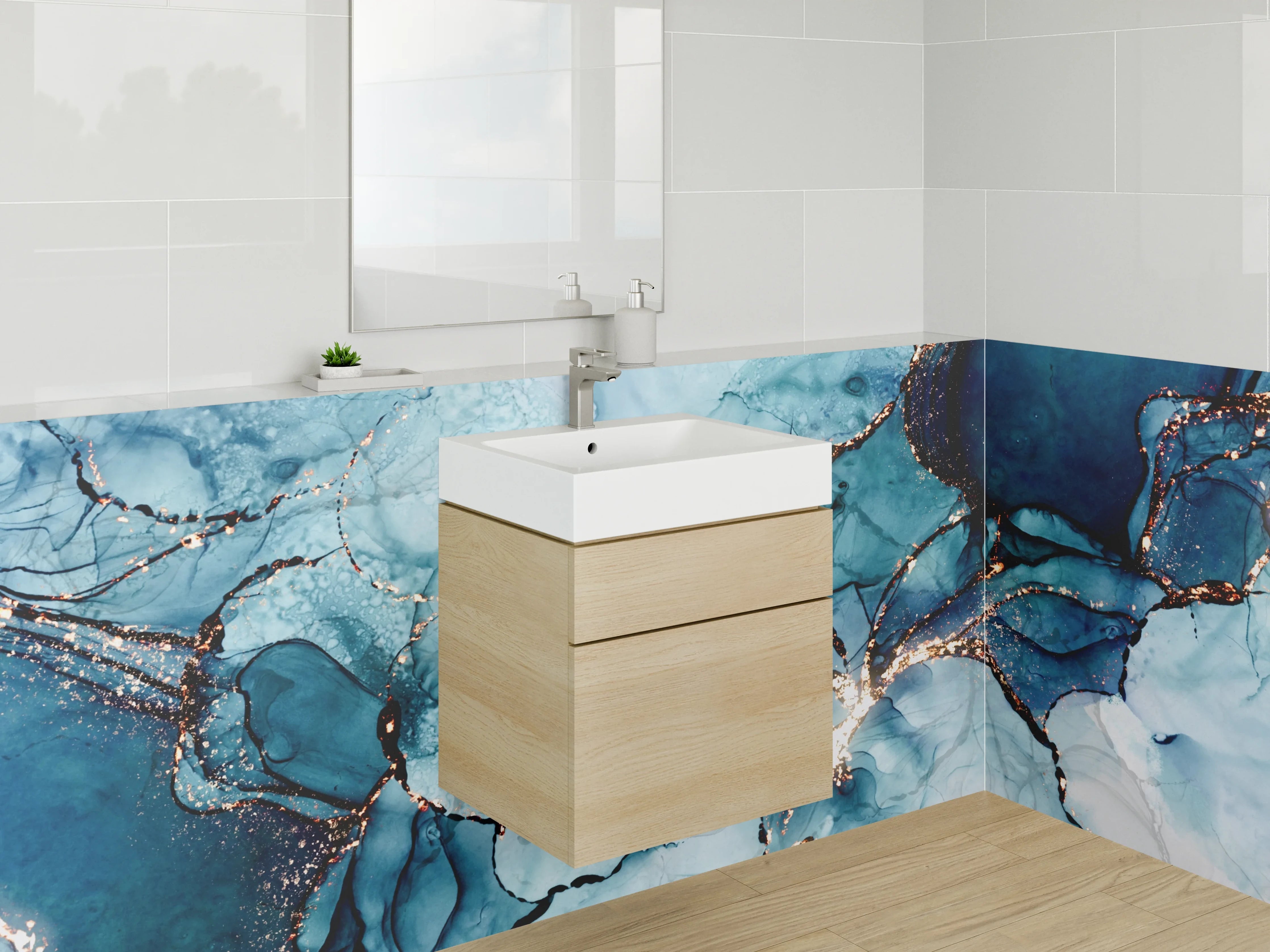 Waschbecken-Rückwand - Abstrakte blaue Marmorstruktur mit Gold