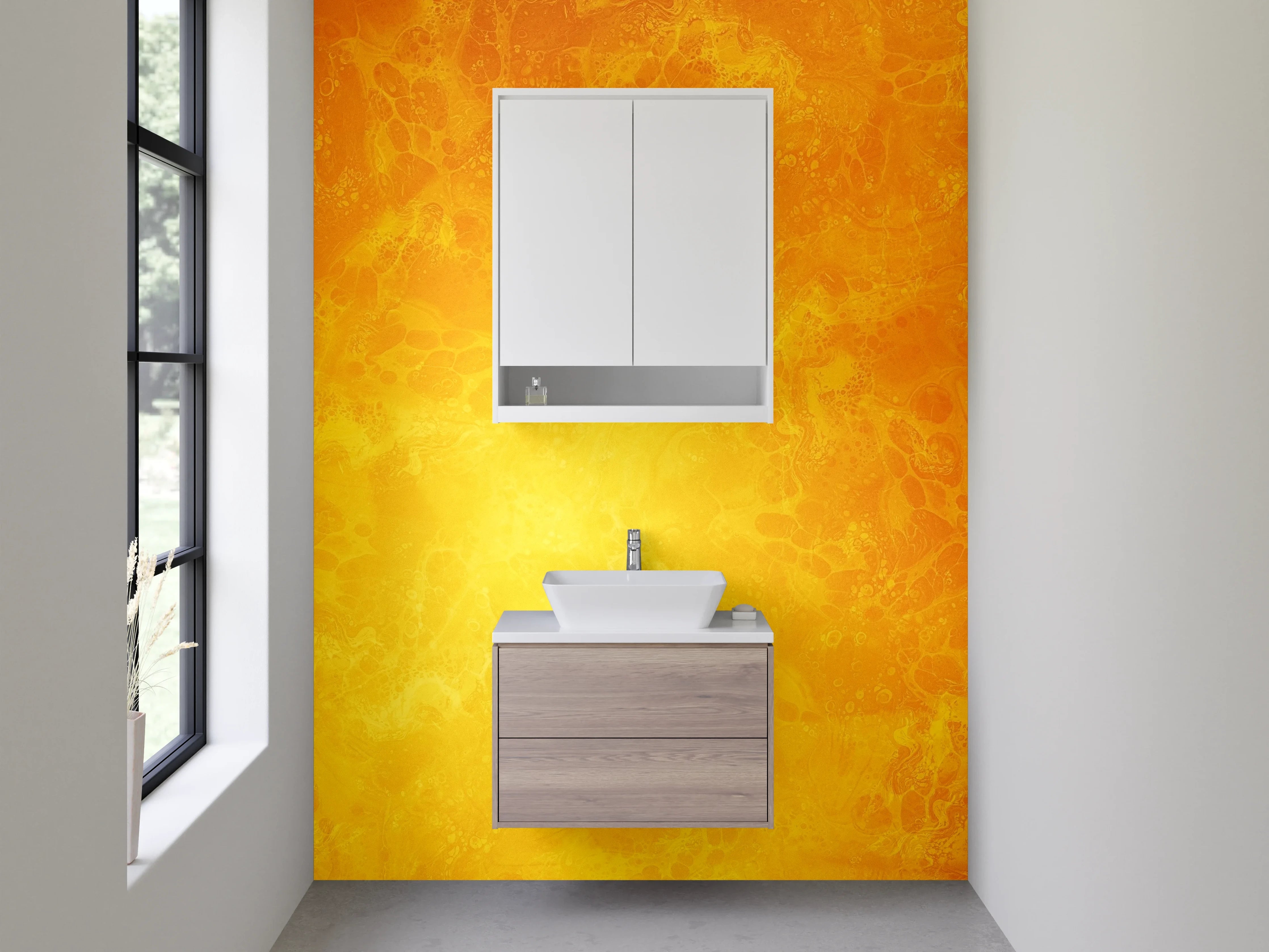 Waschbecken-Rückwand - Abstrakte gelb-orange Marmor-Optik Oberfläche