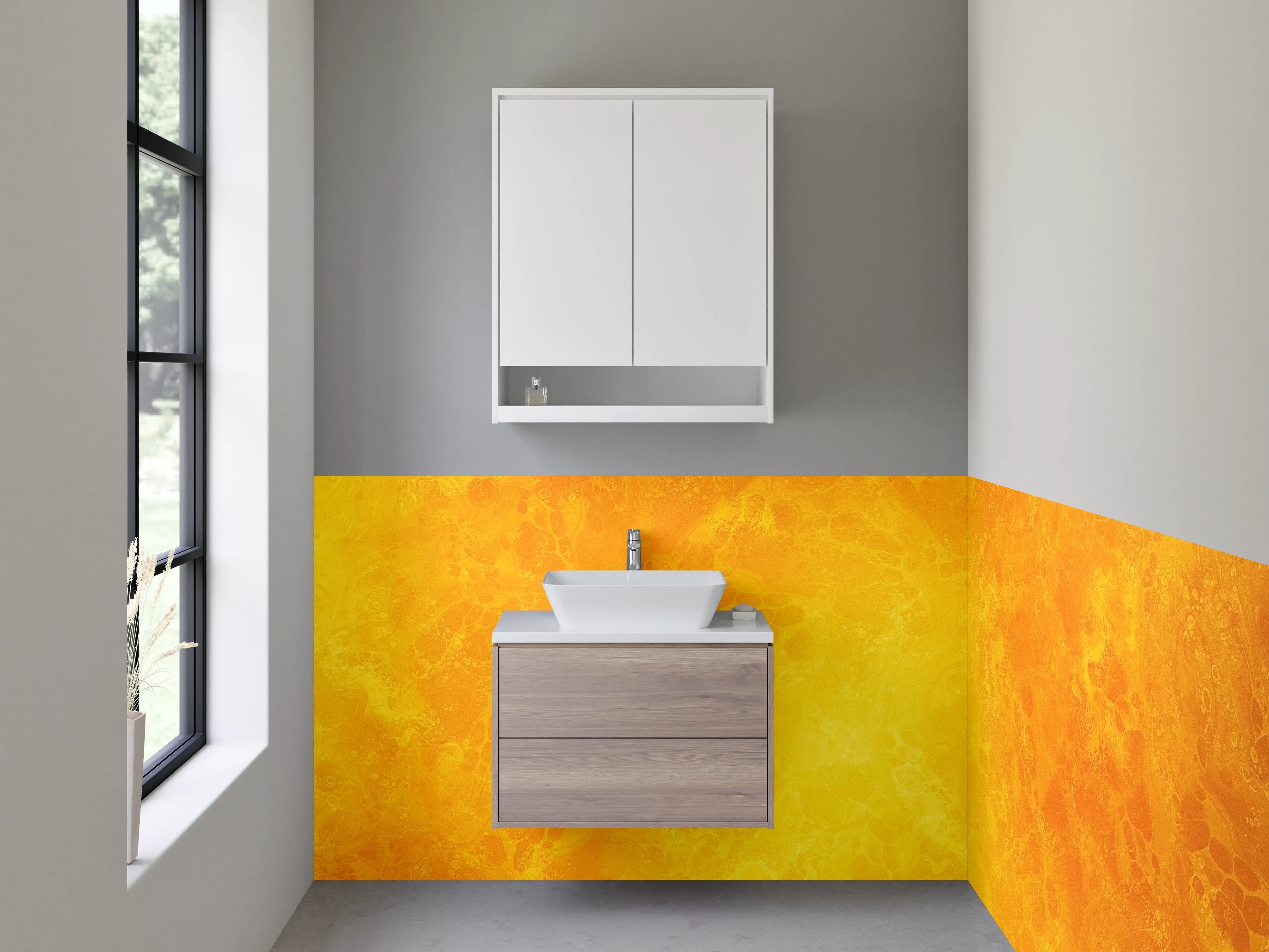 Waschbecken-Rückwand - Abstrakte gelb-orange Marmor-Optik Oberfläche