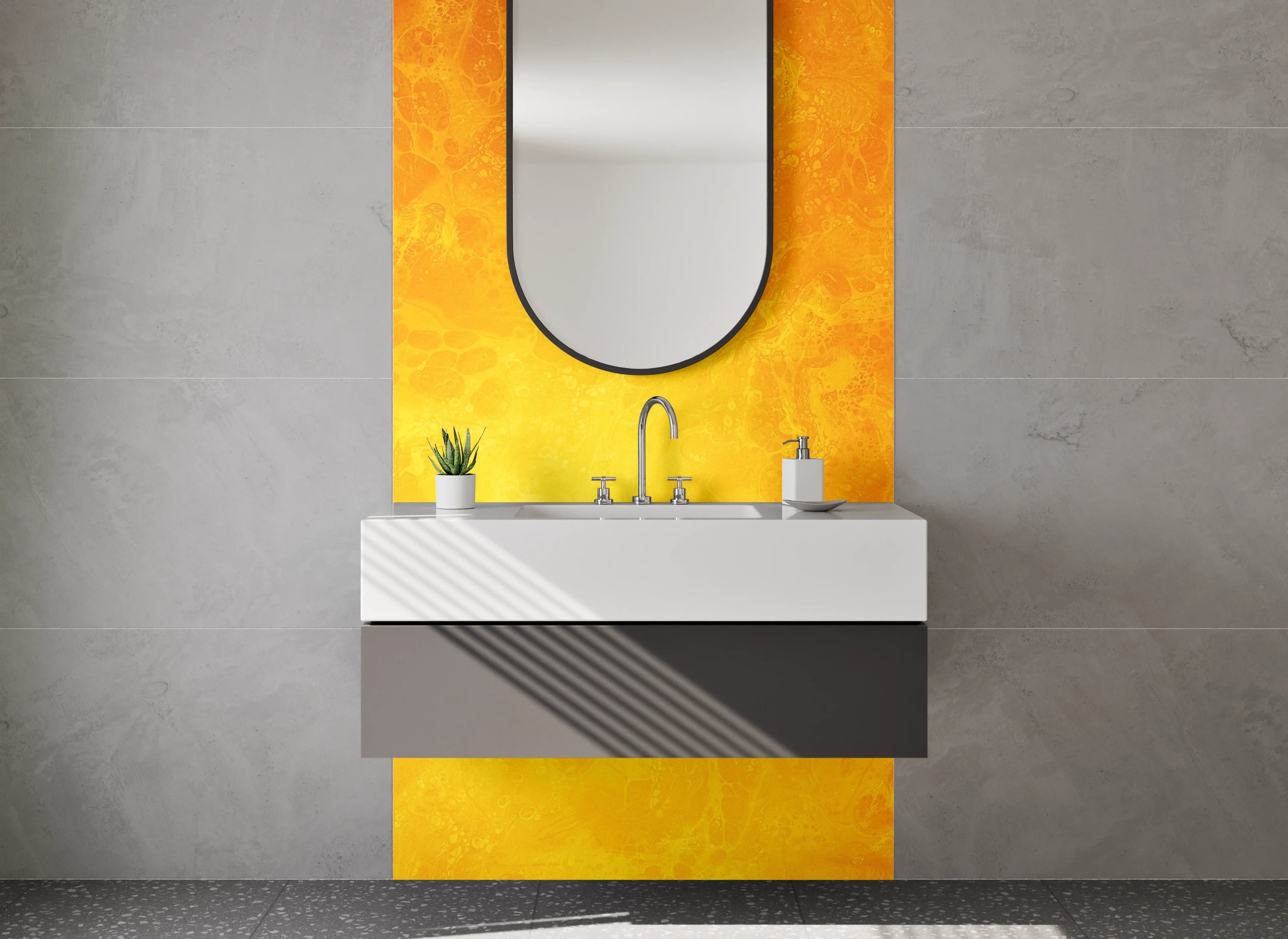 Waschbecken-Rückwand - Abstrakte gelb-orange Marmor-Optik Oberfläche