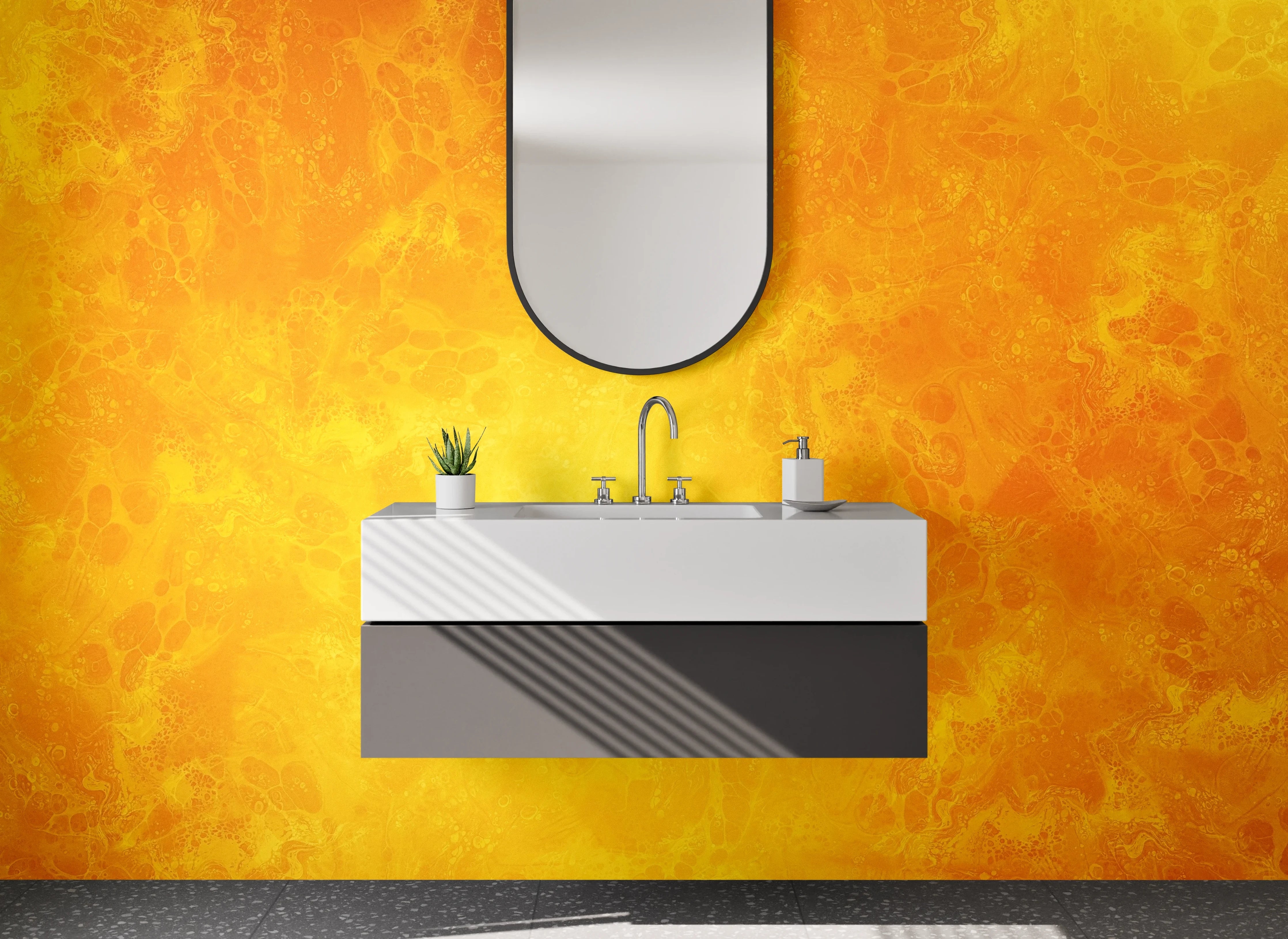 Waschbecken-Rückwand - Abstrakte gelb-orange Marmor-Optik Oberfläche