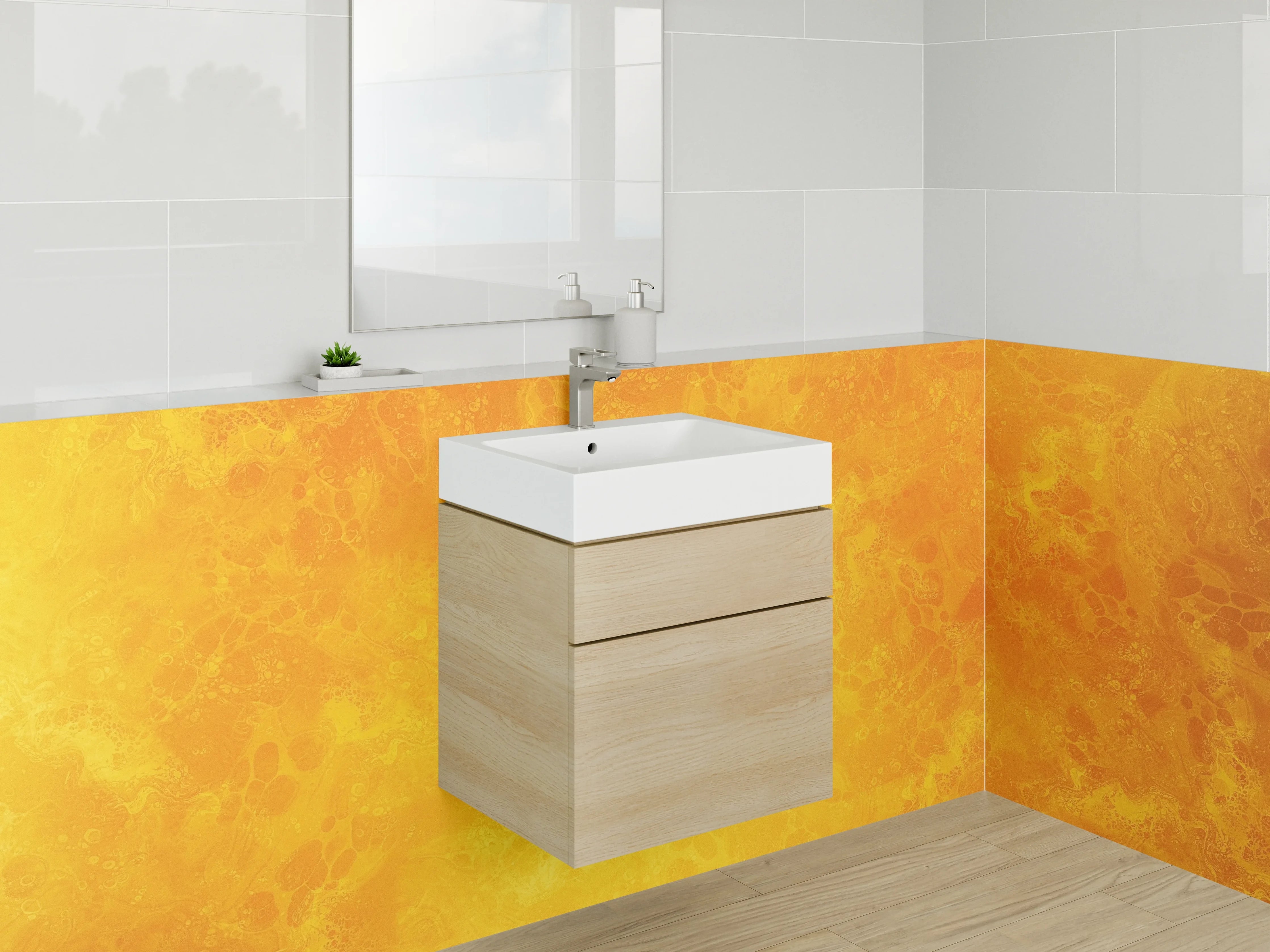 Waschbecken-Rückwand - Abstrakte gelb-orange Marmor-Optik Oberfläche