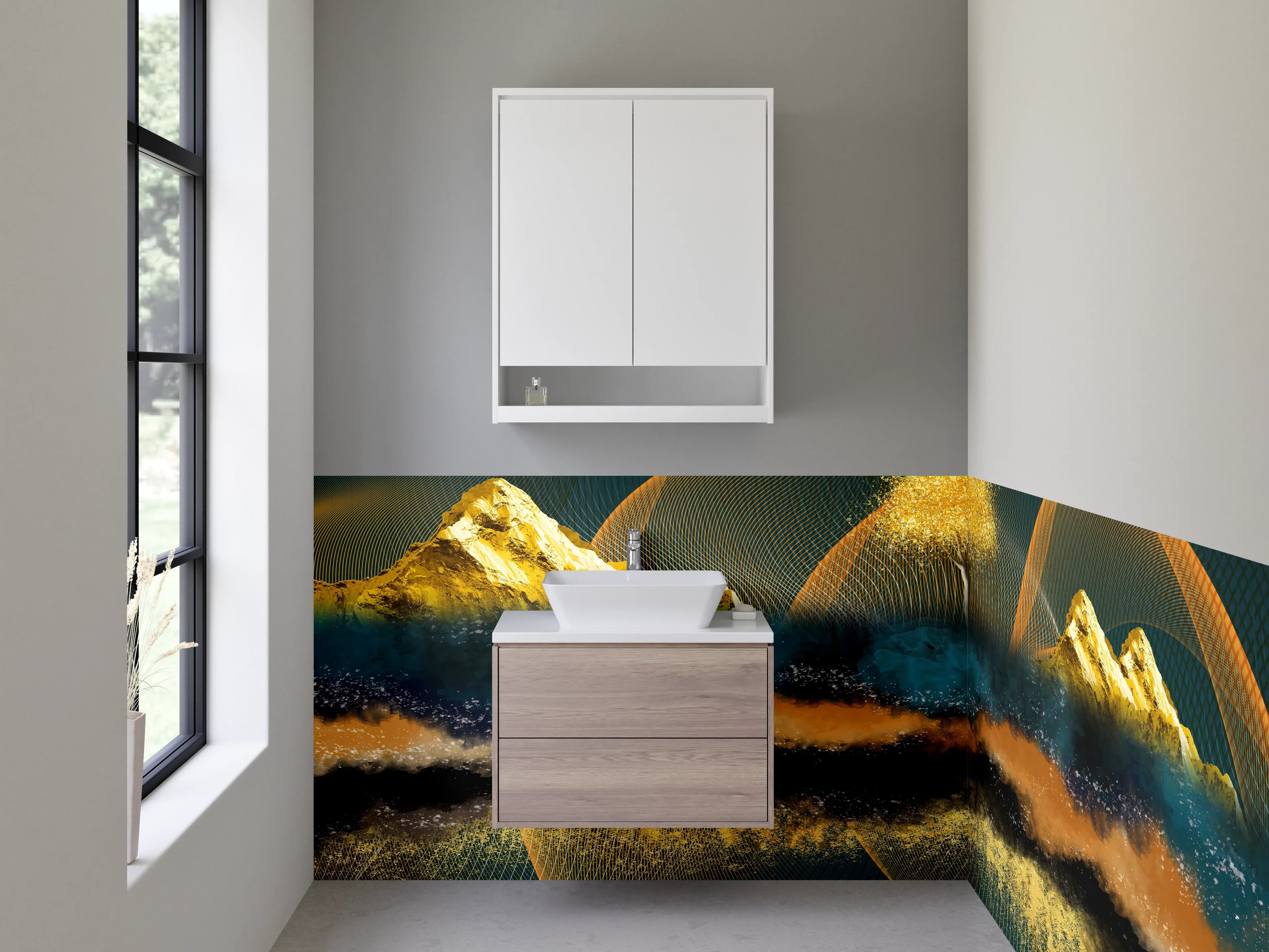 Waschbecken-Rückwand - Abstrakte goldene Berge und Baum Kunst