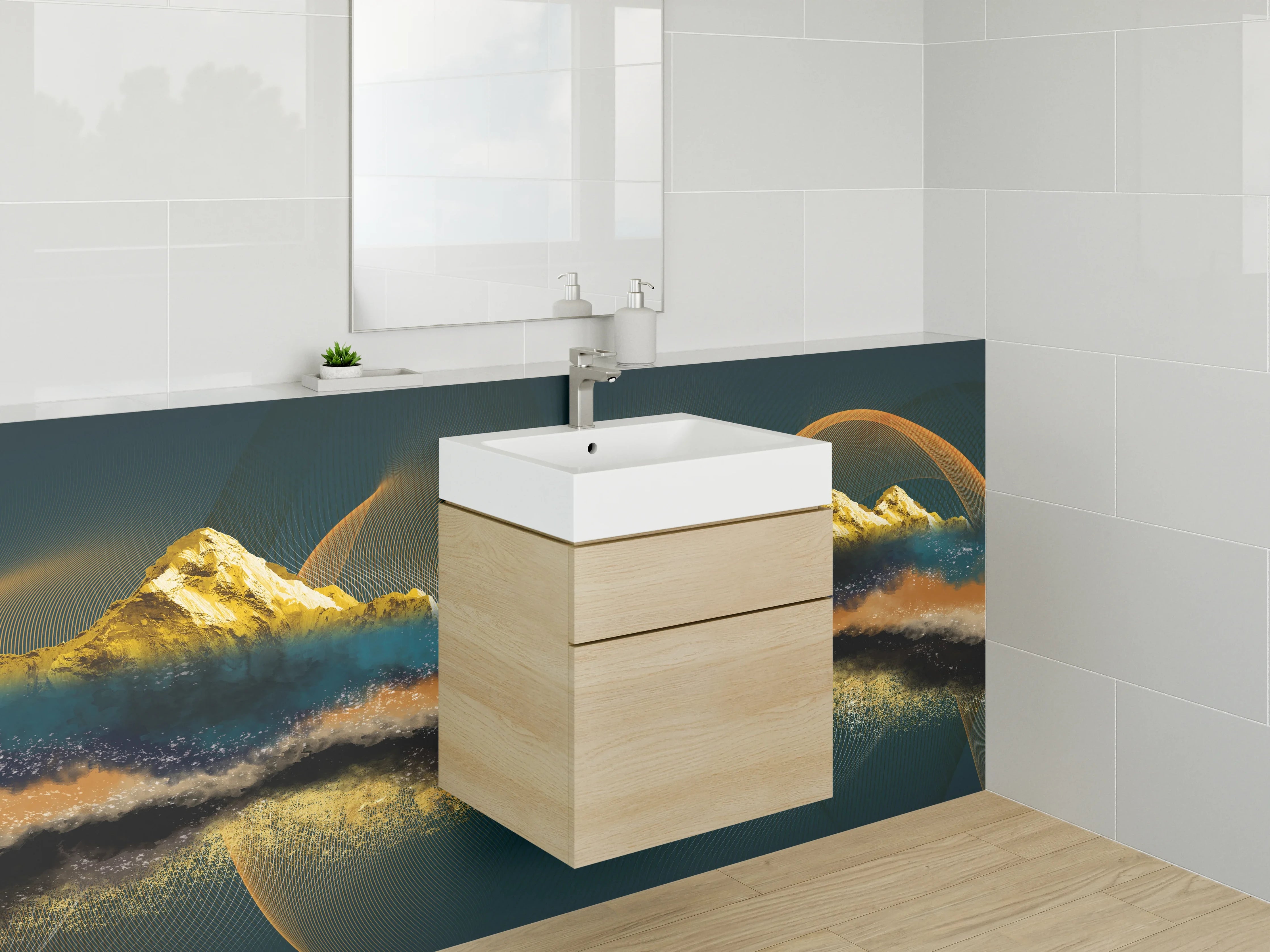 Waschbecken-Rückwand - Abstrakte goldene Berge und Baum Kunst