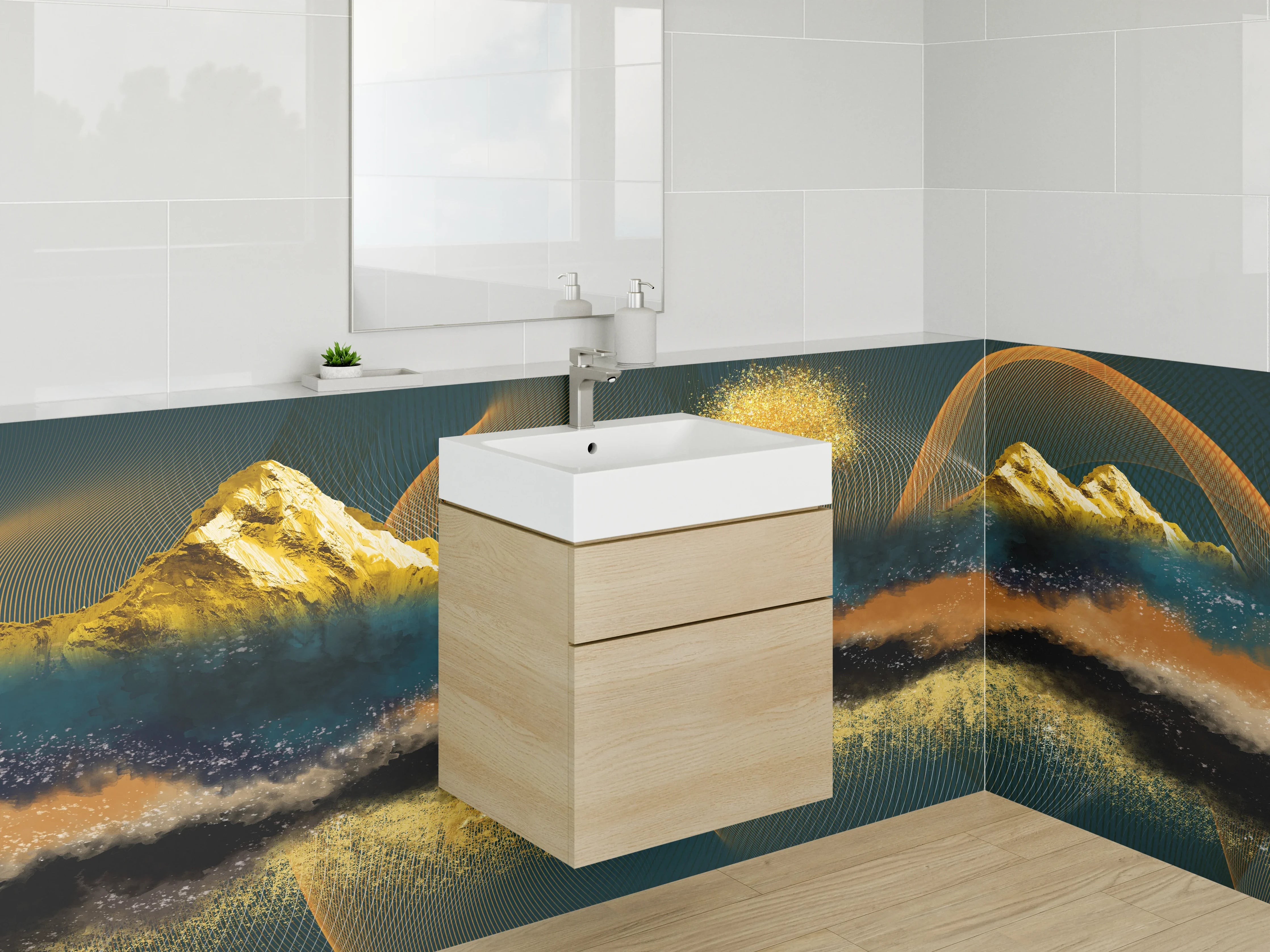 Waschbecken-Rückwand - Abstrakte goldene Berge und Baum Kunst
