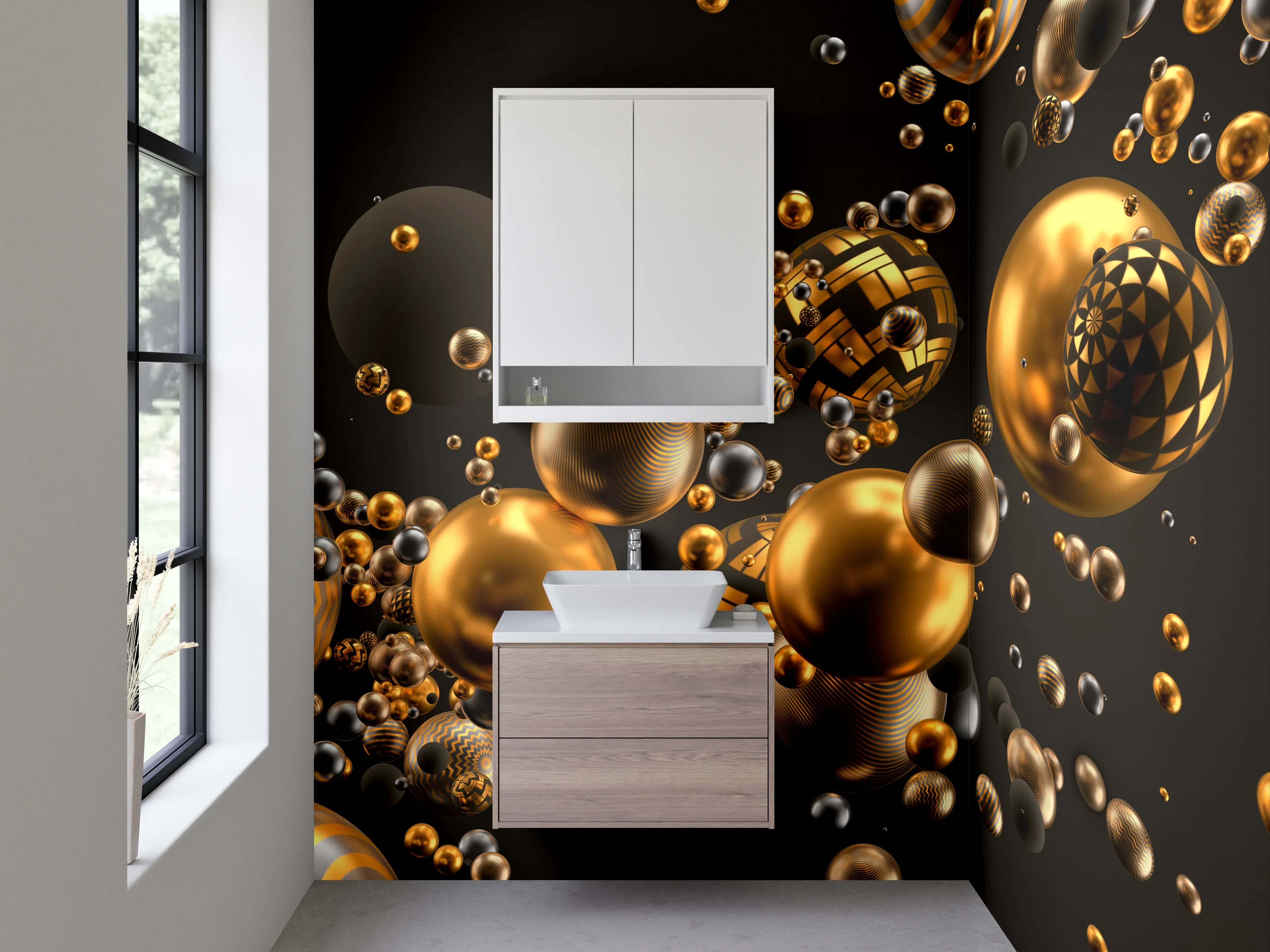 Waschbecken-Rückwand - Abstrakte goldene Kugeln Design