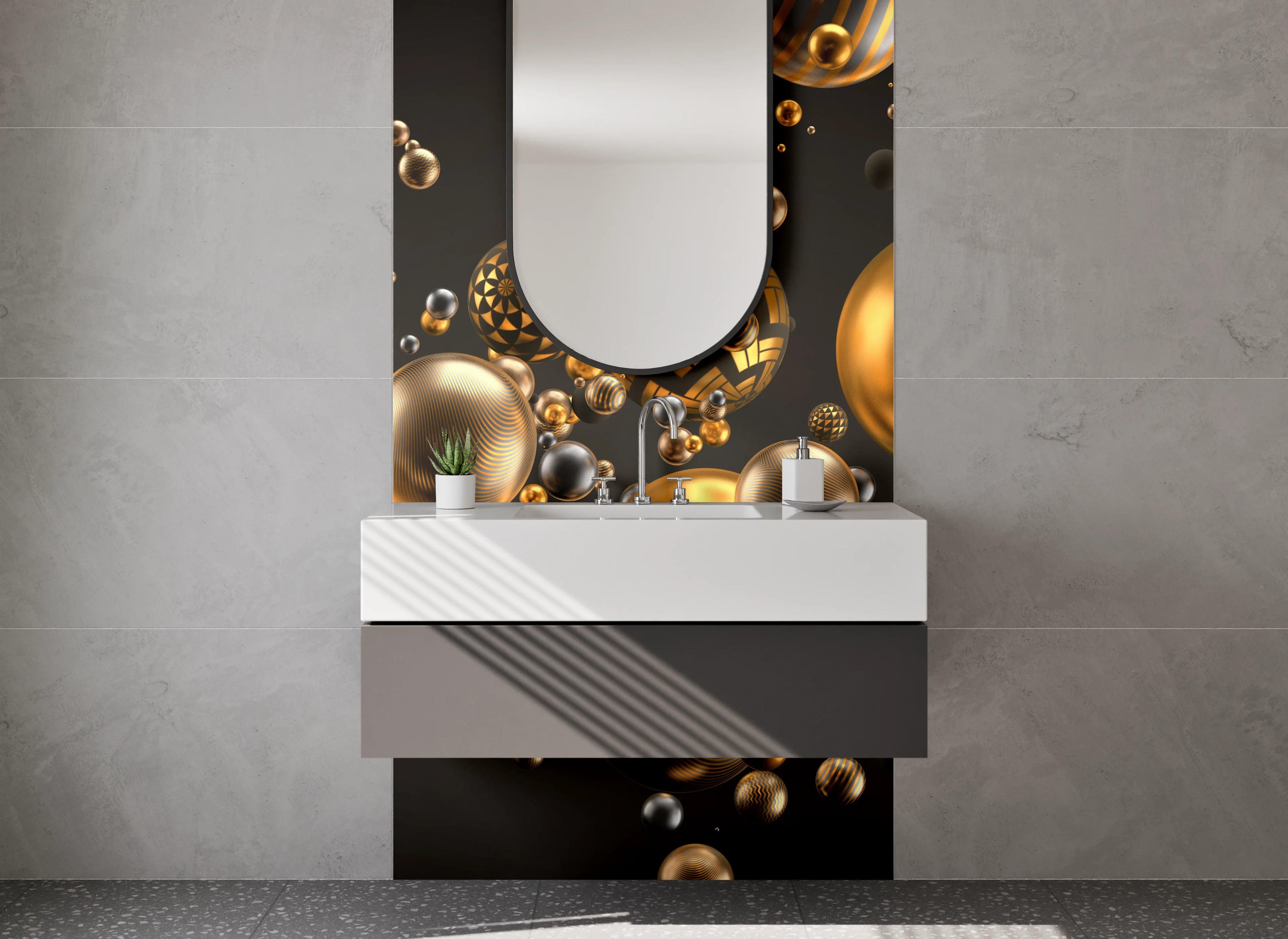 Waschbecken-Rückwand - Abstrakte goldene Kugeln Design