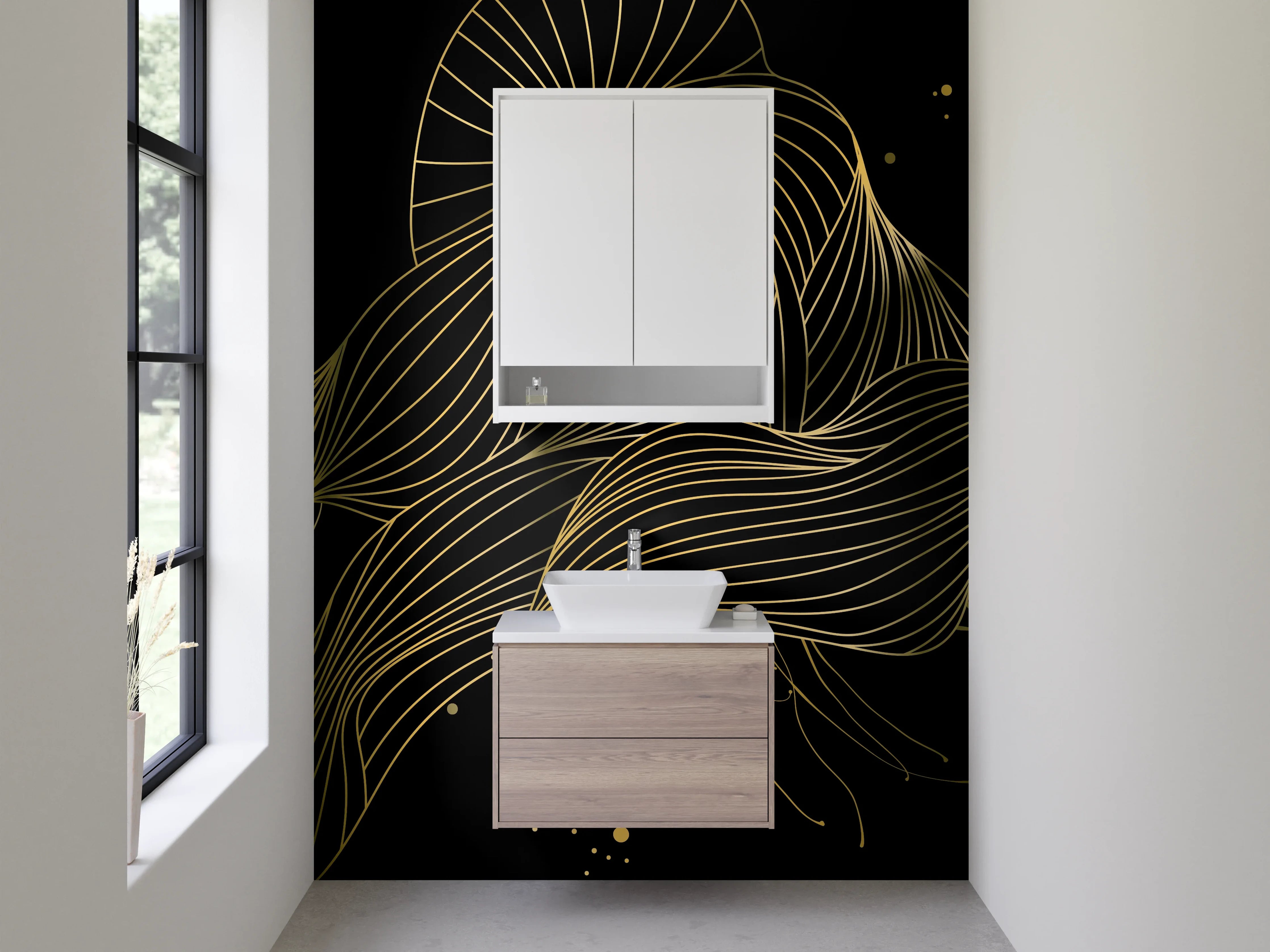 Waschbecken-Rückwand - Abstrakte goldene Lineart auf Schwarz