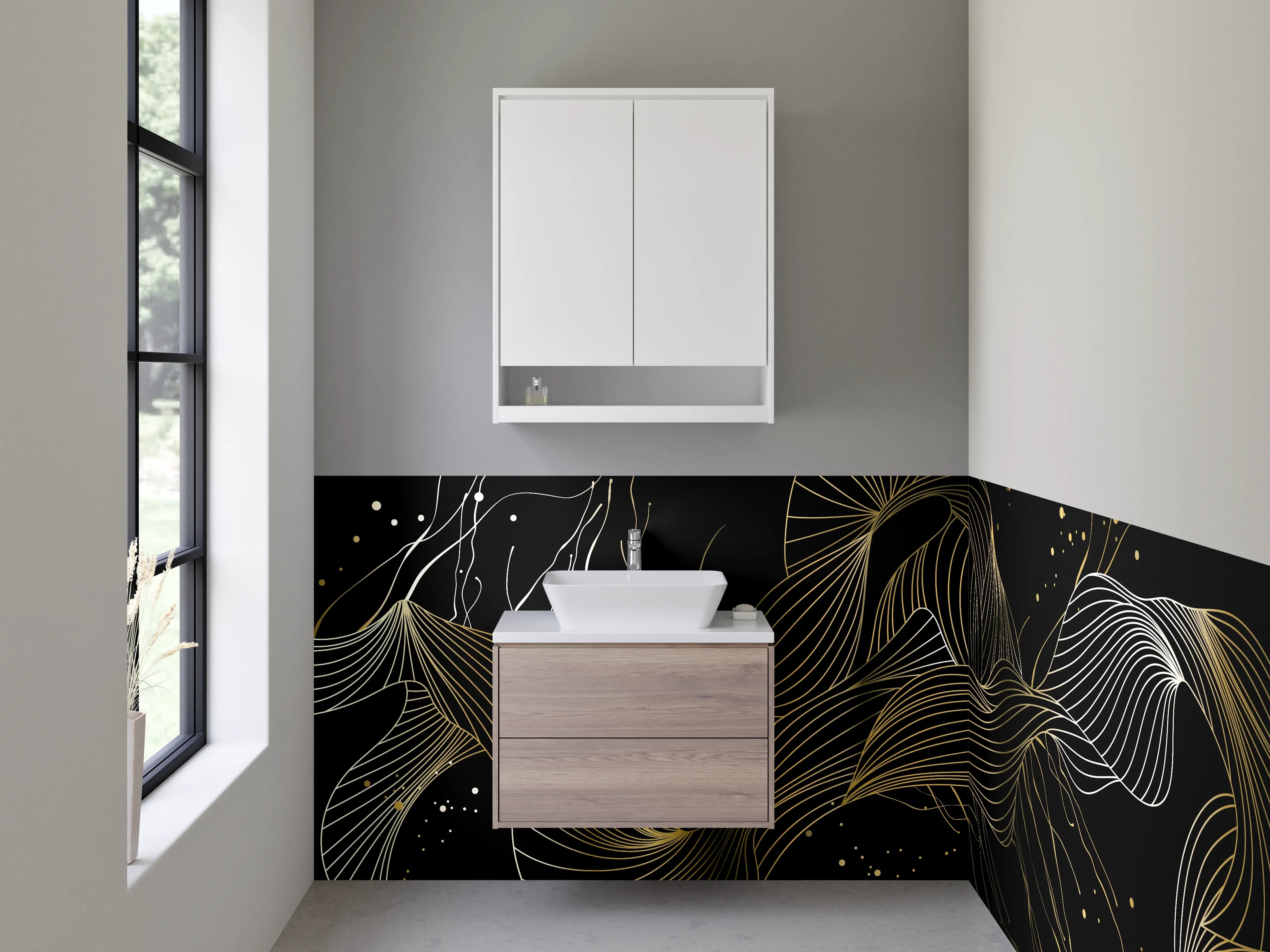 Waschbecken-Rückwand - Abstrakte goldene Lineart auf Schwarz