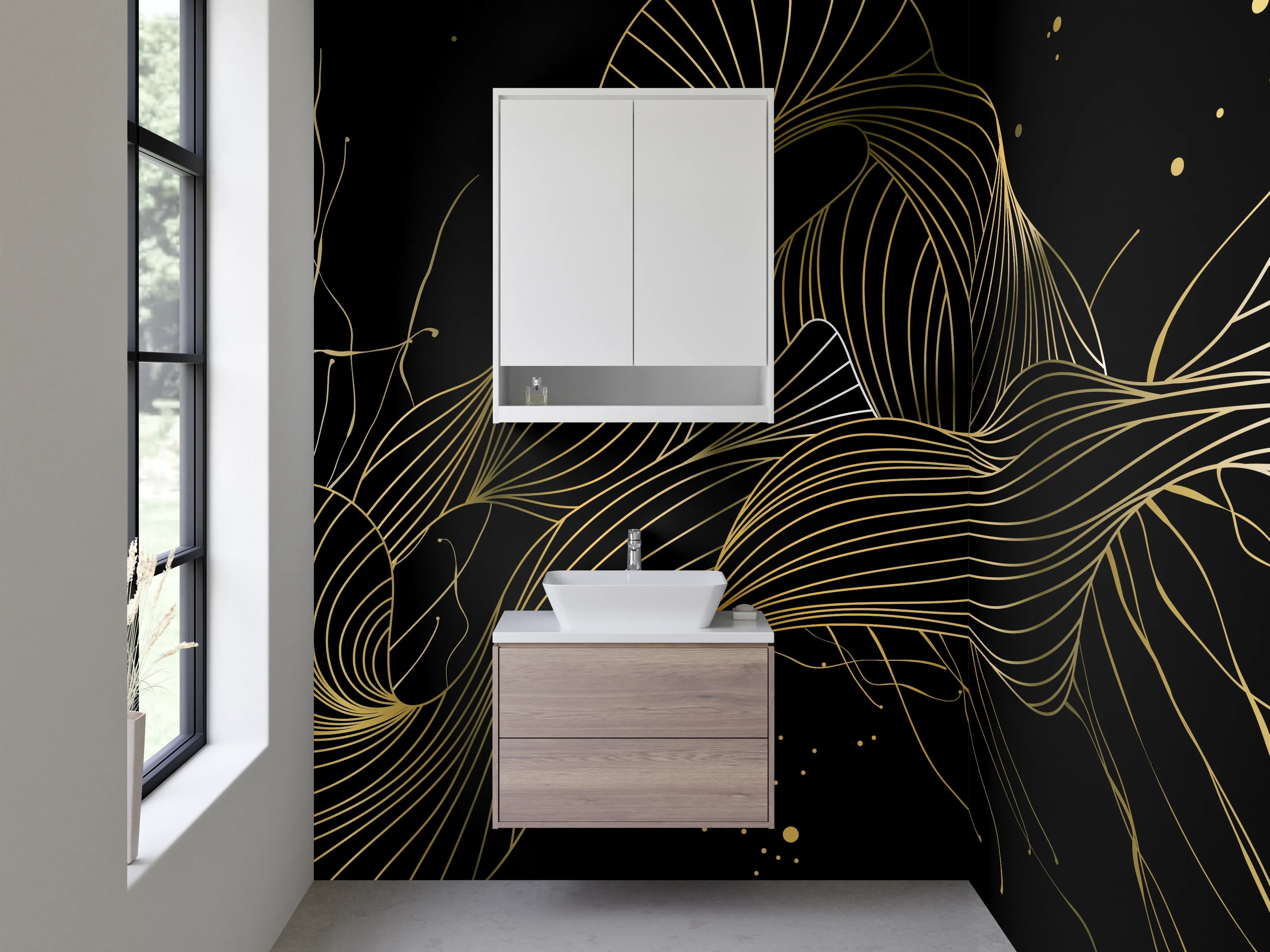 Waschbecken-Rückwand - Abstrakte goldene Lineart auf Schwarz