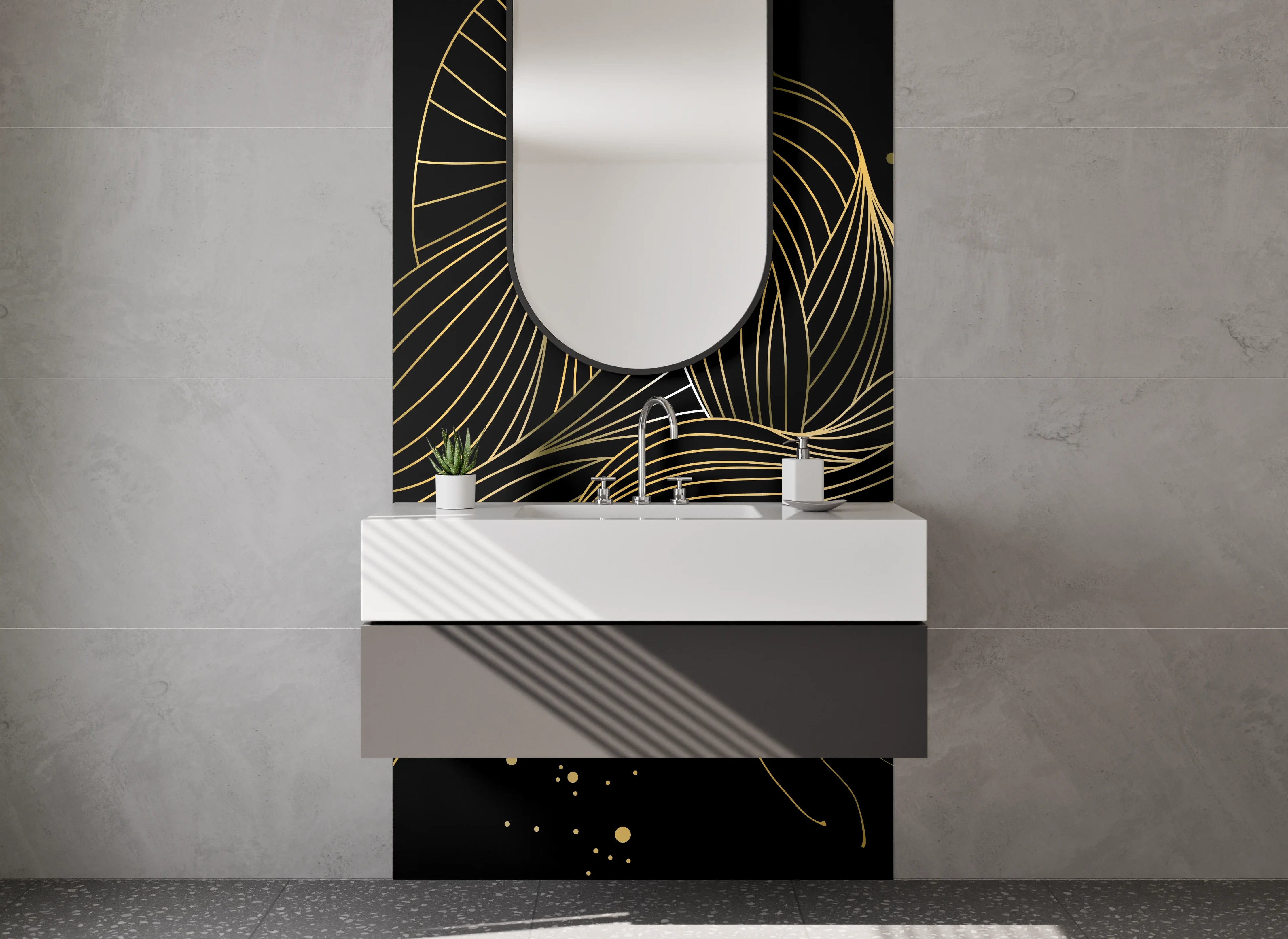 Waschbecken-Rückwand - Abstrakte goldene Lineart auf Schwarz