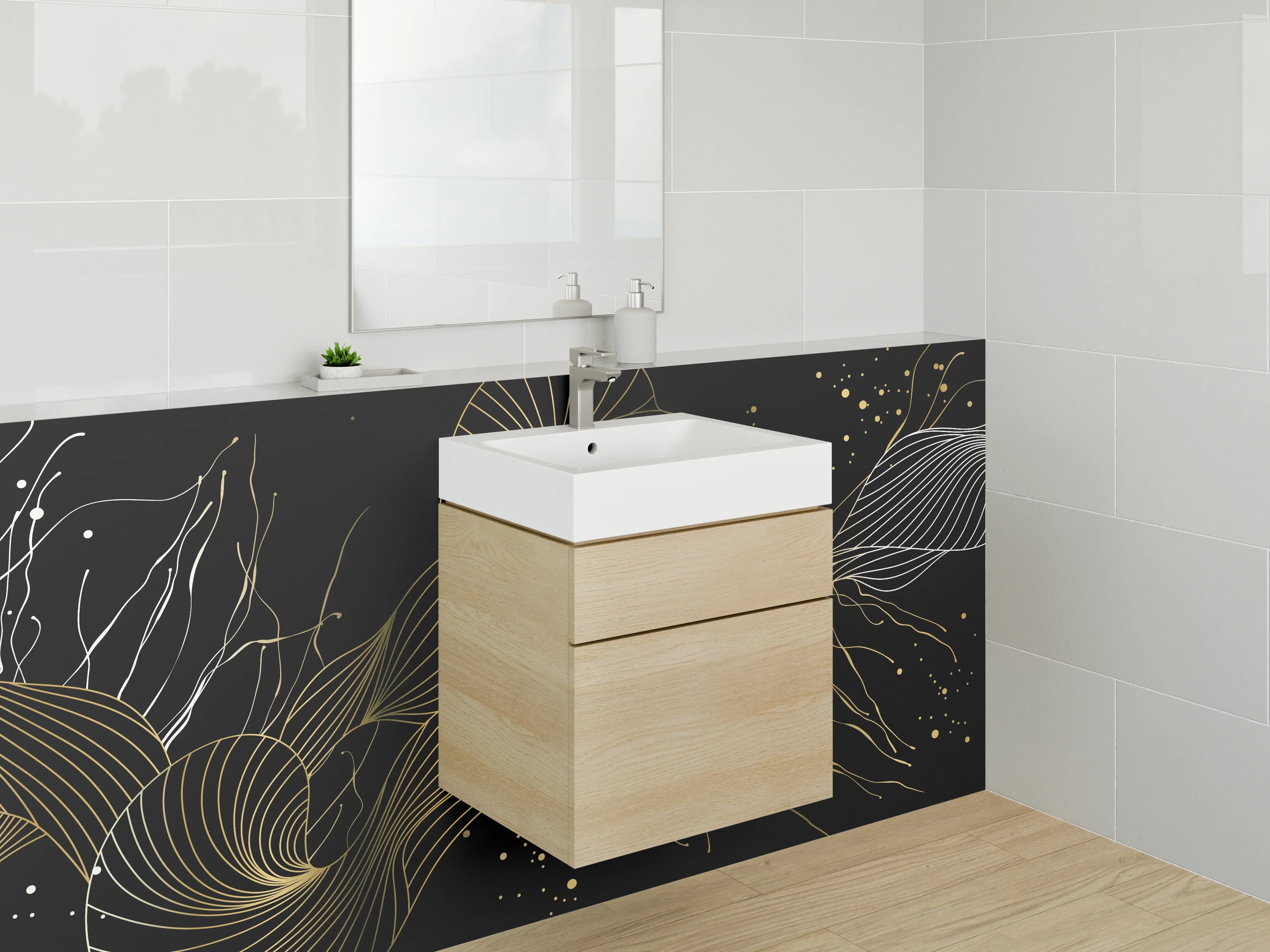 Waschbecken-Rückwand - Abstrakte goldene Lineart auf Schwarz