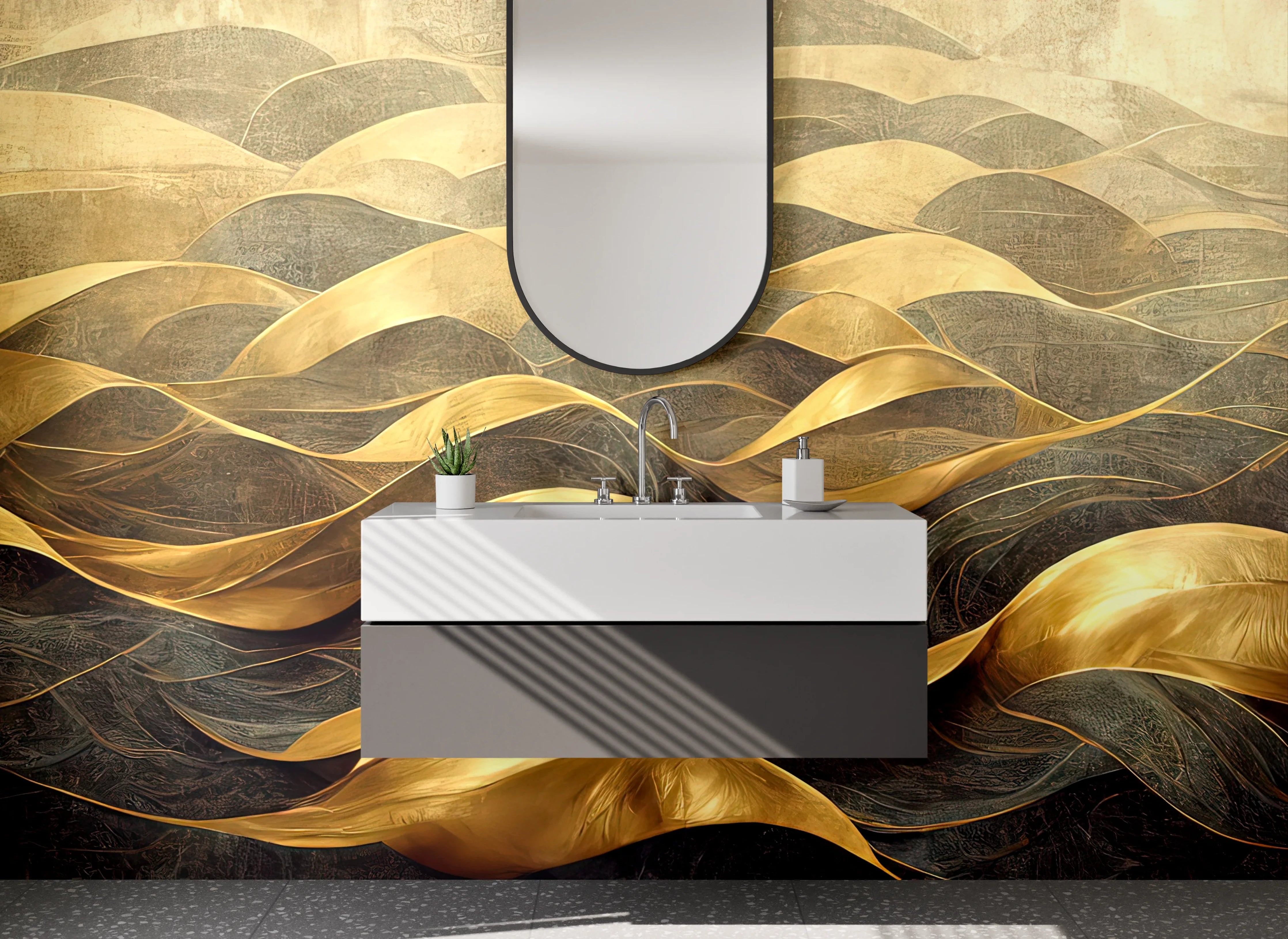 Waschbecken-Rückwand - Abstrakte goldene Wellen Malerei