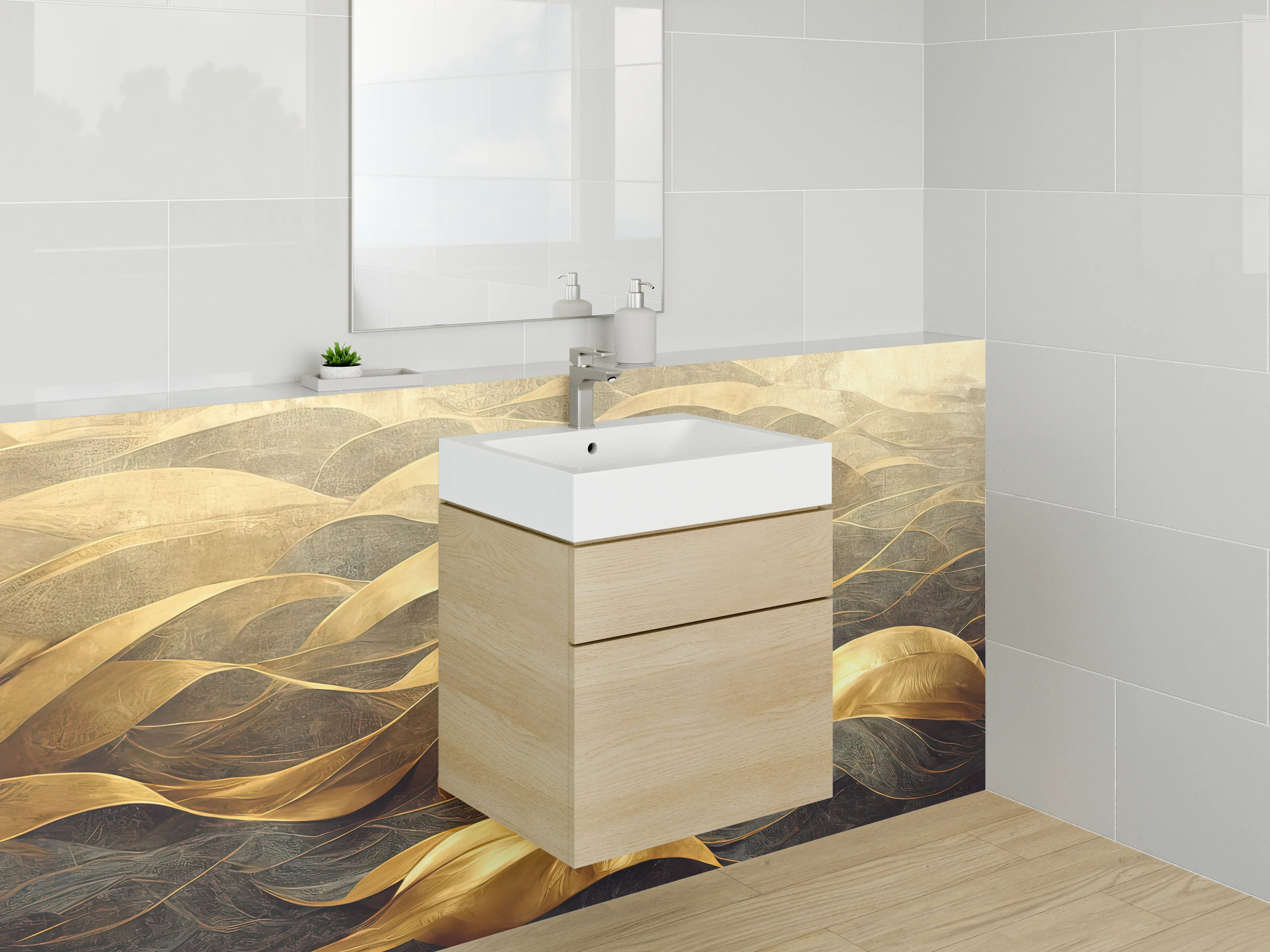 Waschbecken-Rückwand - Abstrakte goldene Wellen Malerei