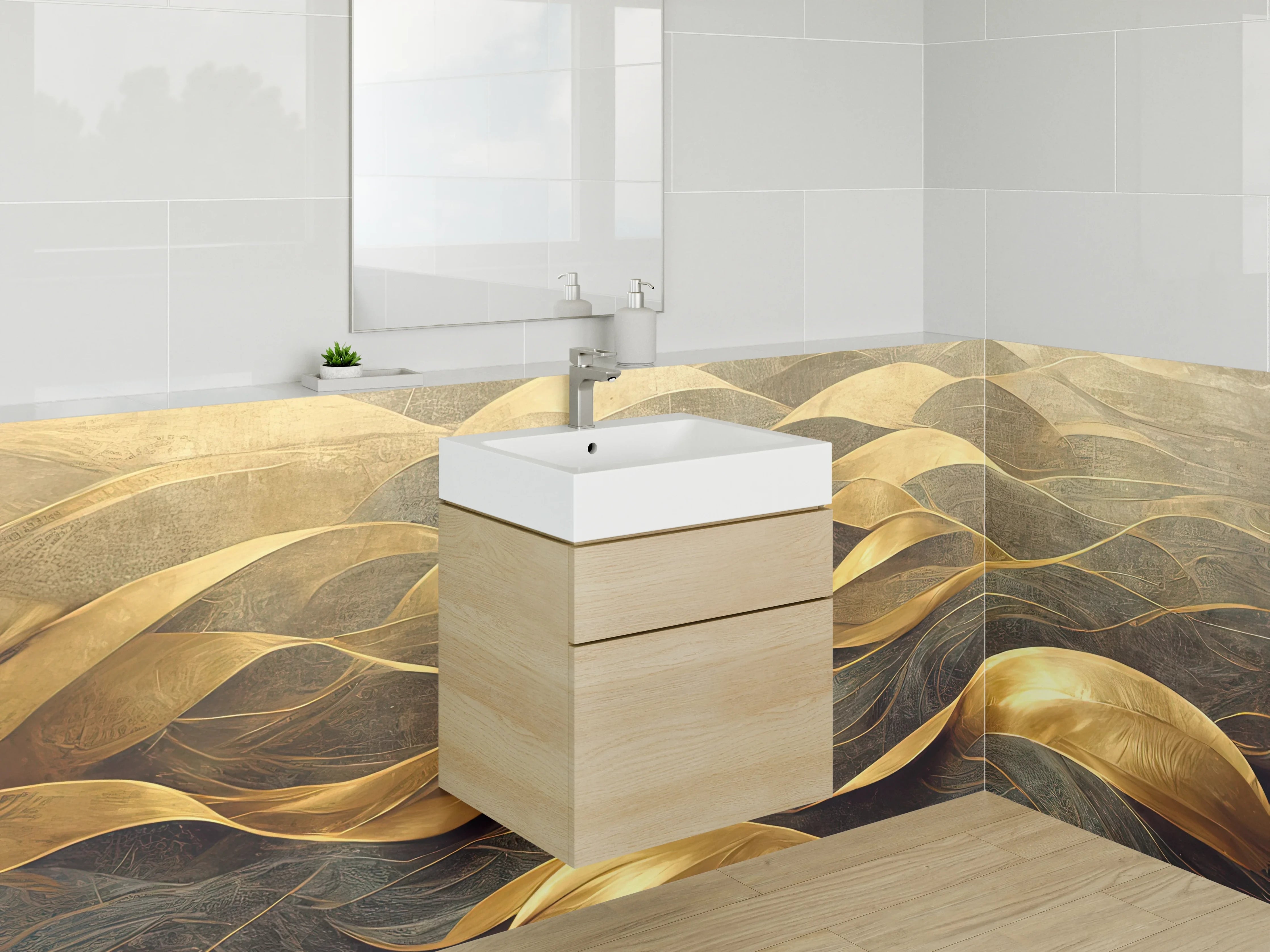 Waschbecken-Rückwand - Abstrakte goldene Wellen Malerei