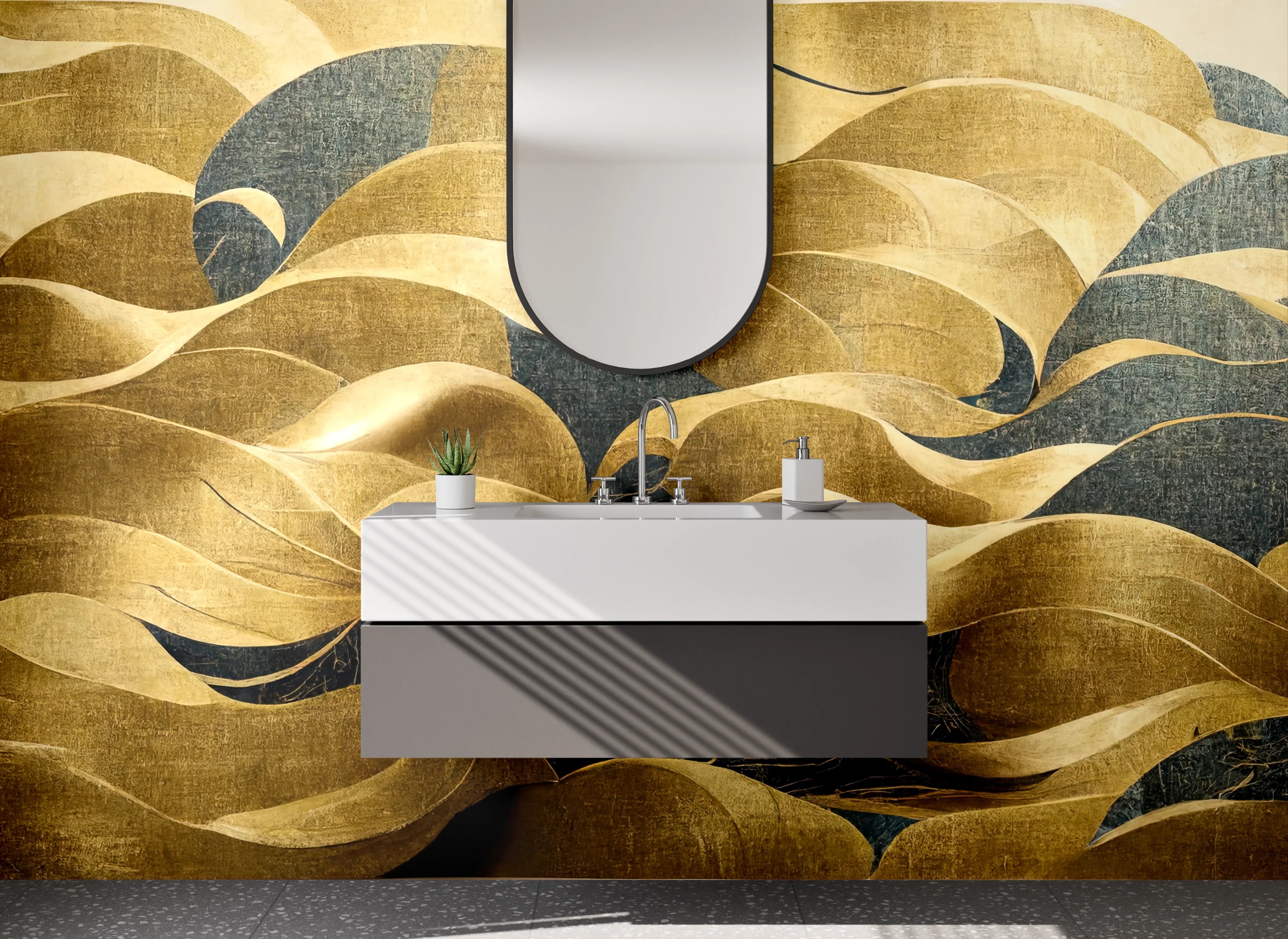 Waschbecken-Rückwand - Abstrakte goldene Wellen Wandbild
