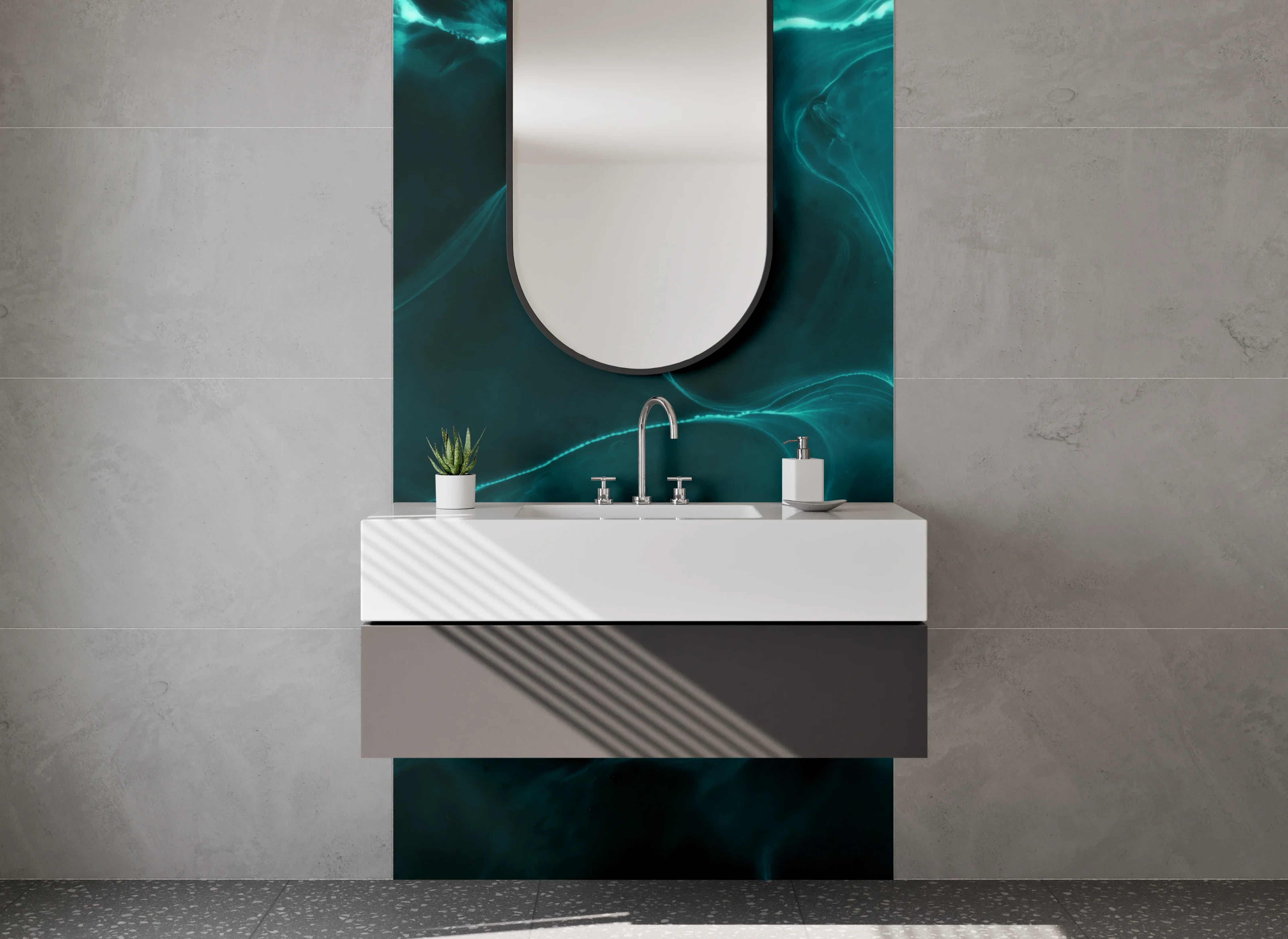 Waschbecken-Rückwand - Abstrakte grün-blaue Eleganz Kunst