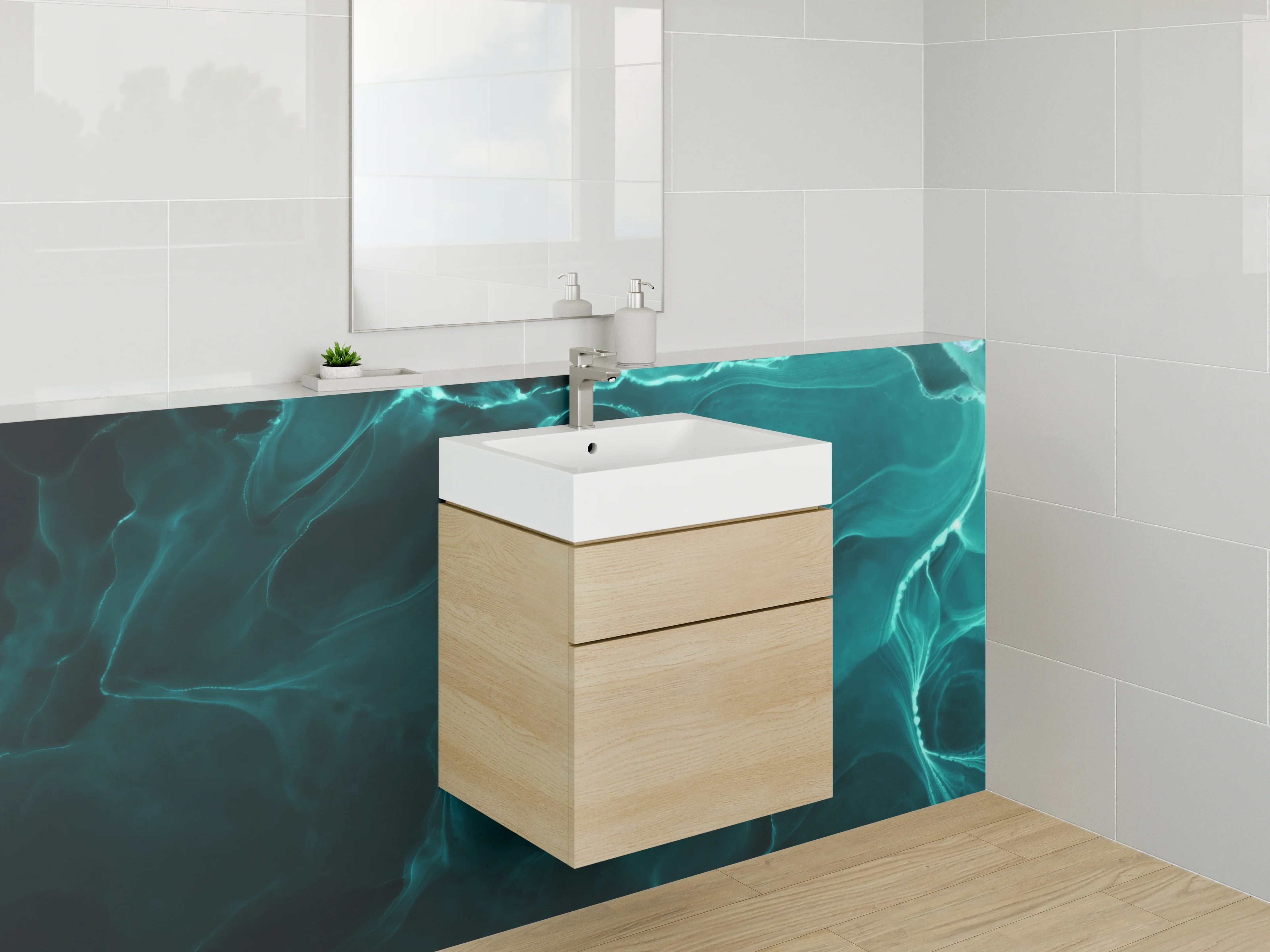 Waschbecken-Rückwand - Abstrakte grün-blaue Eleganz Kunst