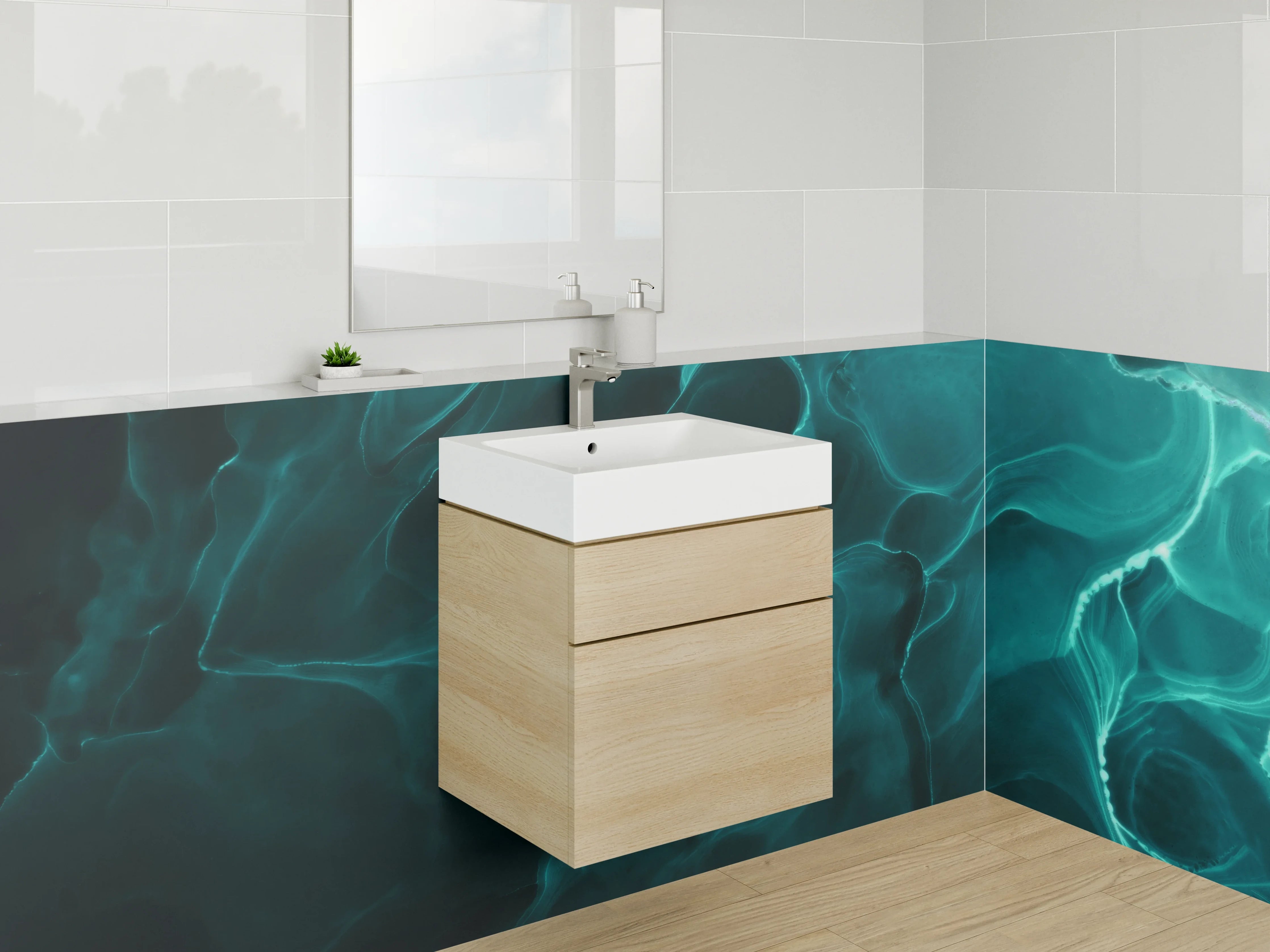 Waschbecken-Rückwand - Abstrakte grün-blaue Eleganz Kunst