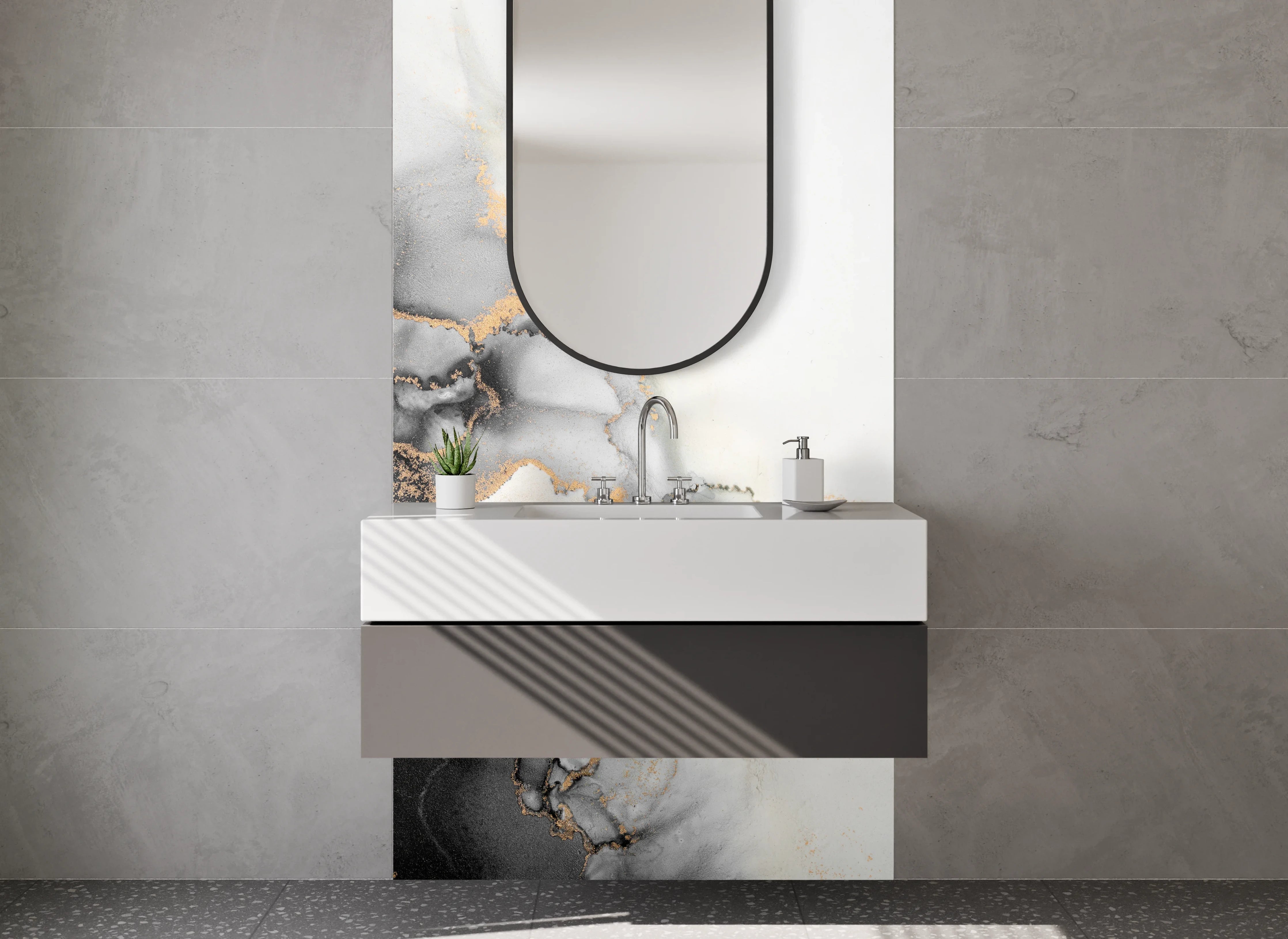 Waschbecken-Rückwand - Abstrakte schwarze Marmor-Optik mit Gold