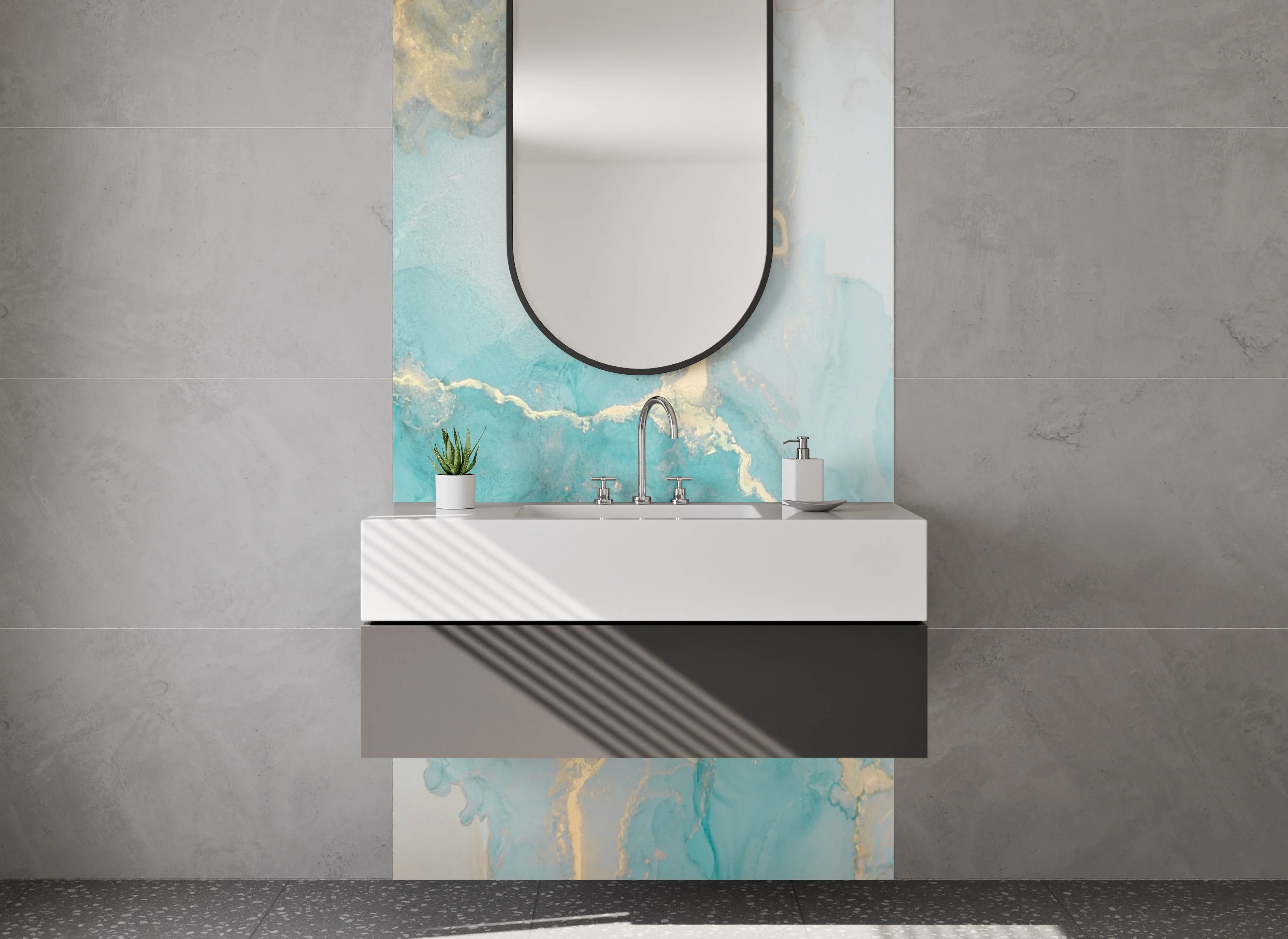 Waschbecken-Rückwand - Abstraktes Aquarell in Türkis und Gold