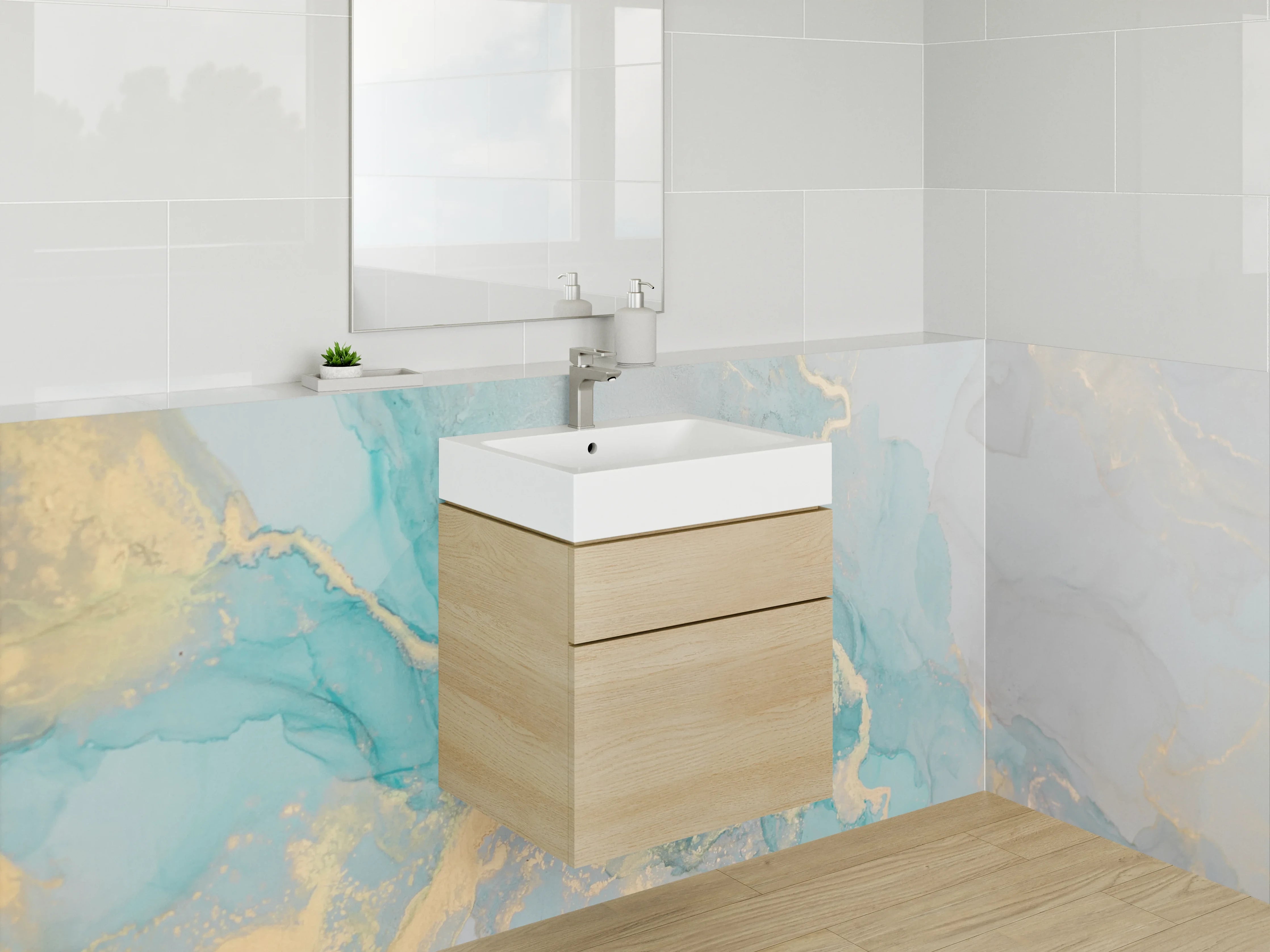 Waschbecken-Rückwand - Abstraktes Aquarell in Türkis und Gold