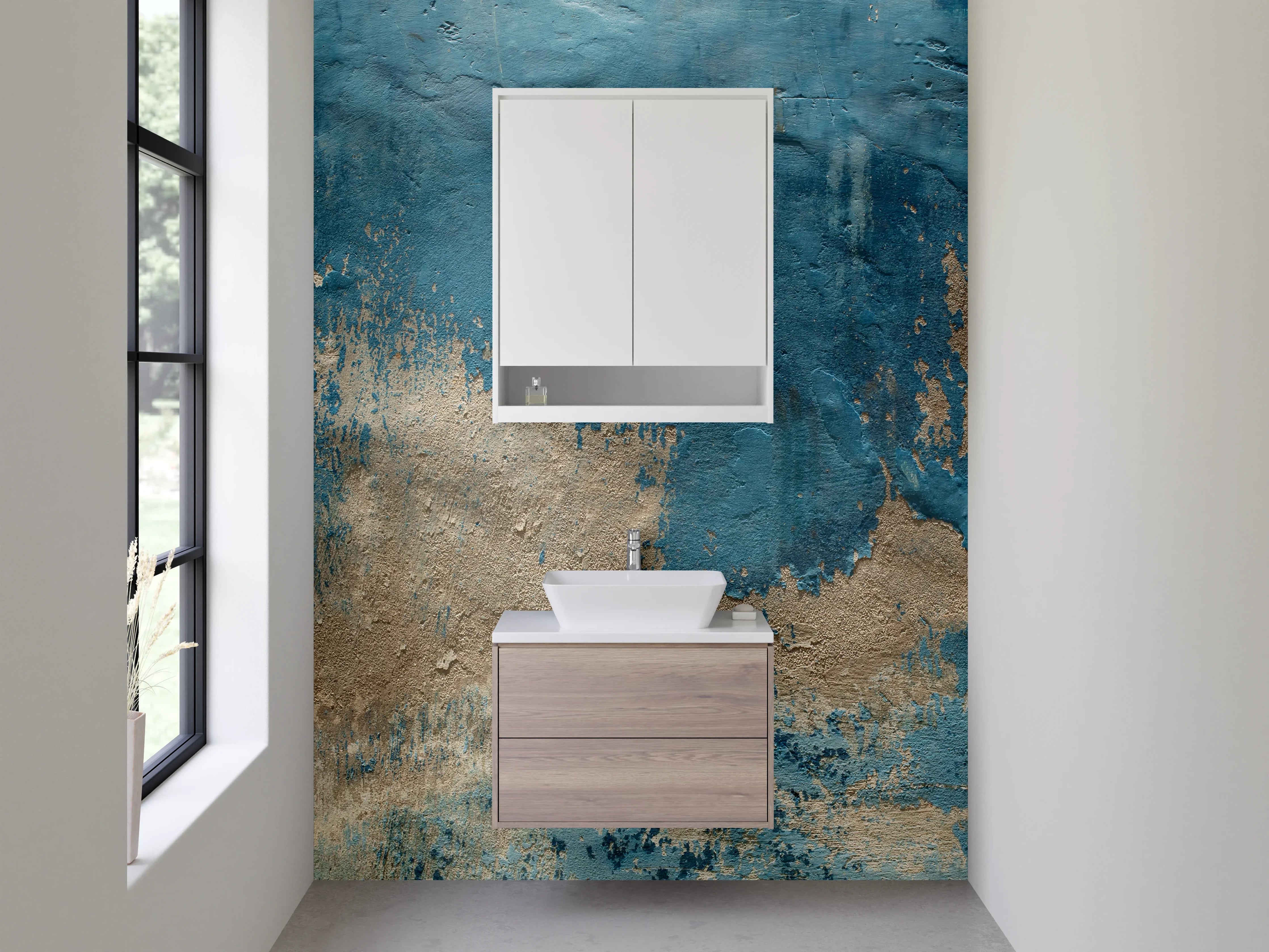 Waschbecken-Rückwand - Abstraktes Blau-Beige Kunstwerk