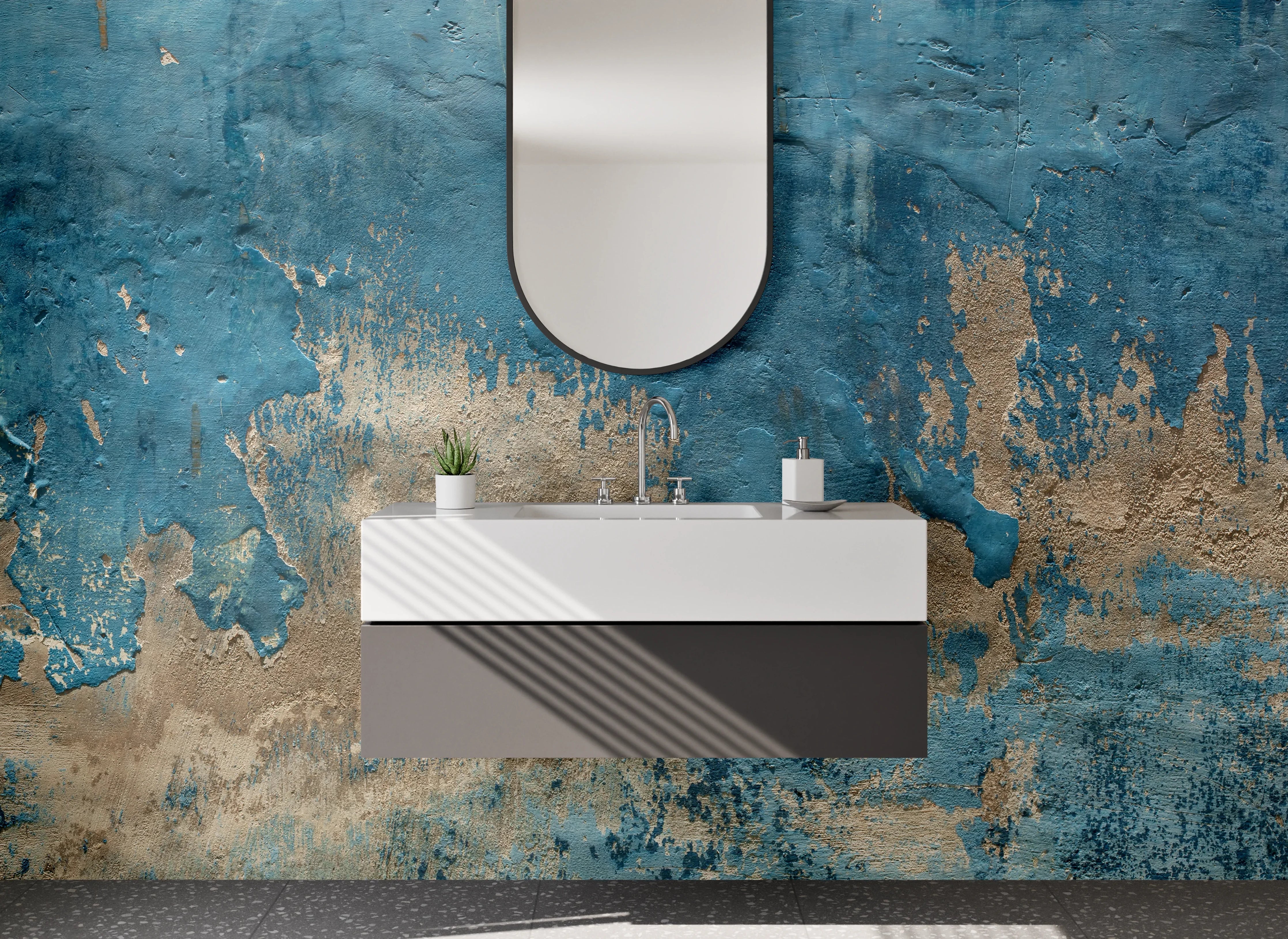 Waschbecken-Rückwand - Abstraktes Blau-Beige Kunstwerk