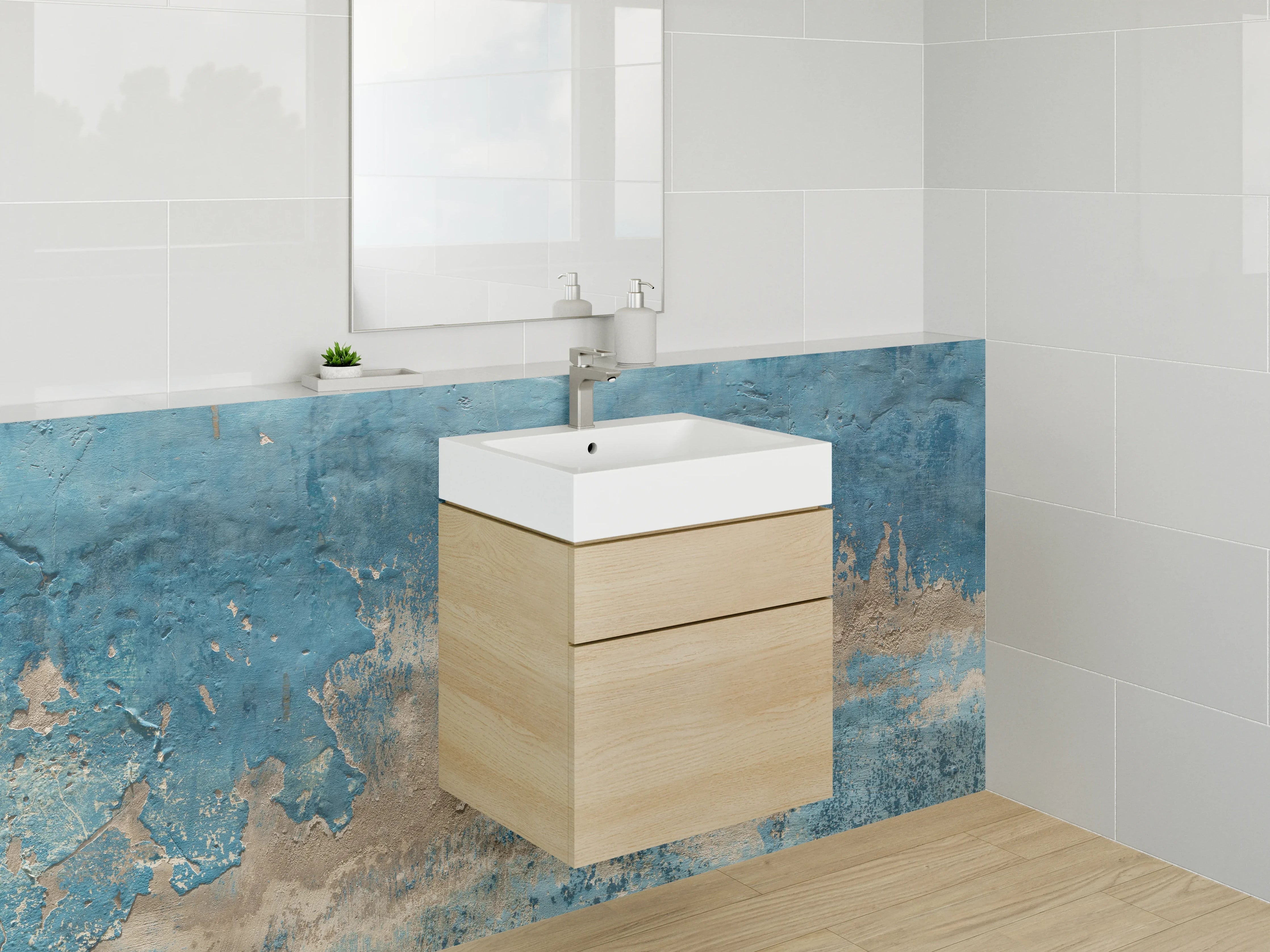 Waschbecken-Rückwand - Abstraktes Blau-Beige Kunstwerk