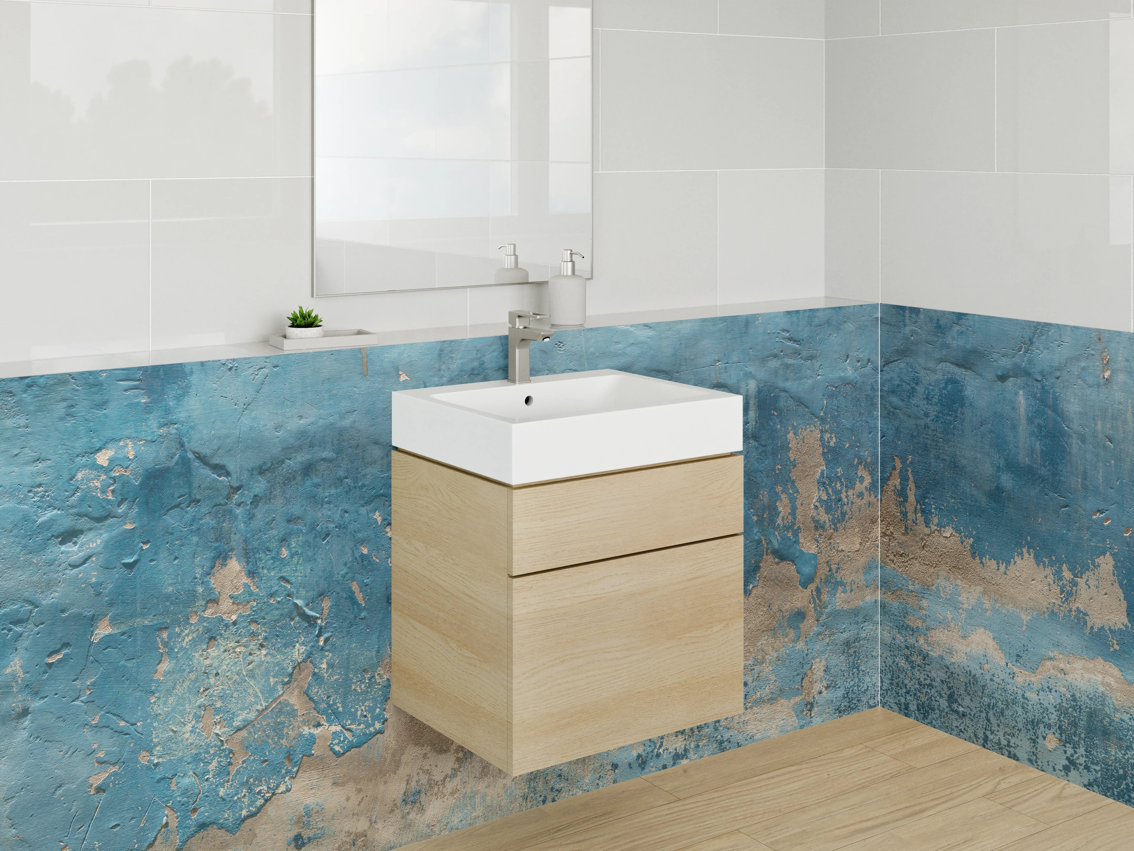 Waschbecken-Rückwand - Abstraktes Blau-Beige Kunstwerk