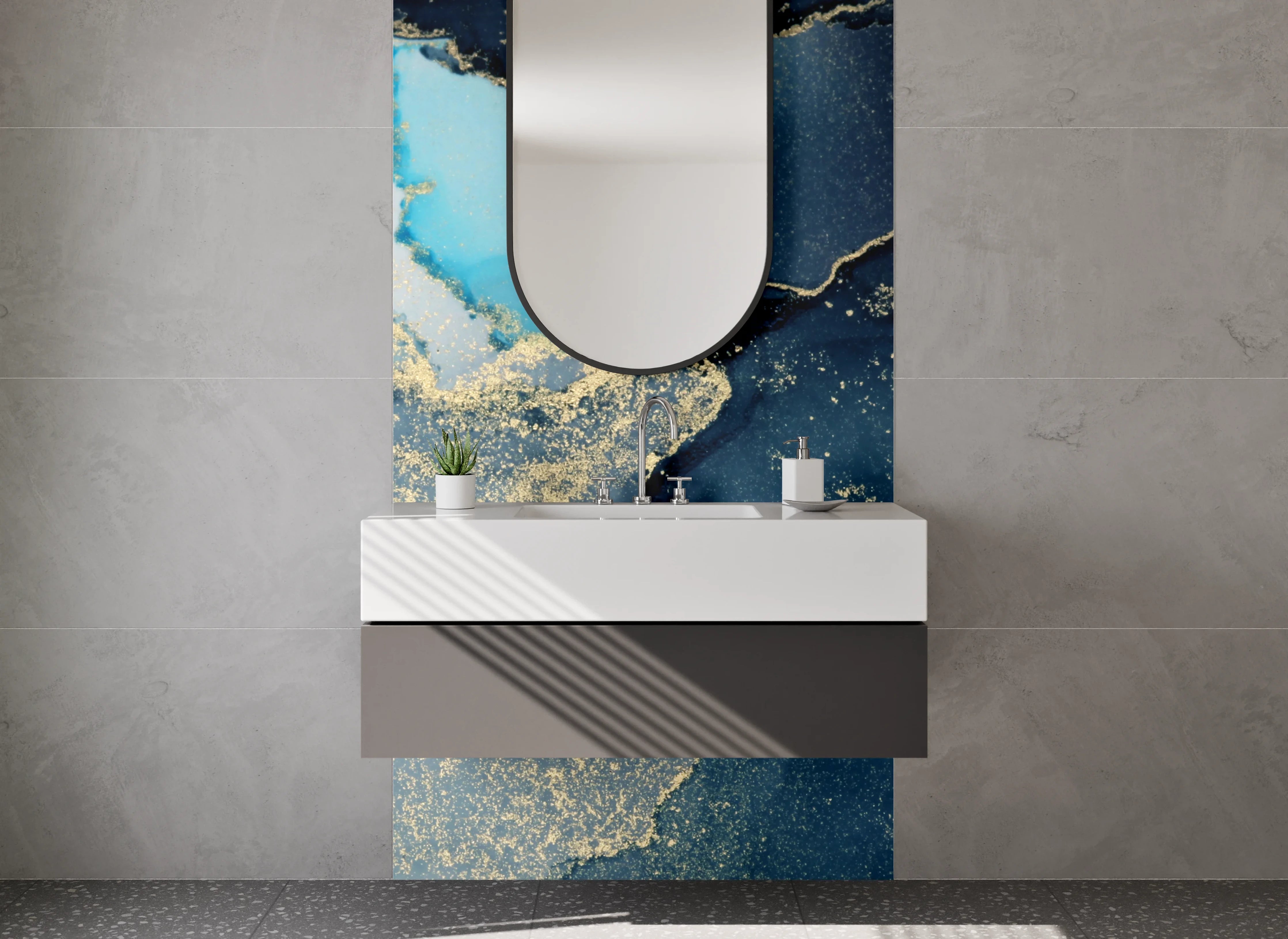 Waschbecken-Rückwand - Abstraktes Blau Gold Aquarell-Design
