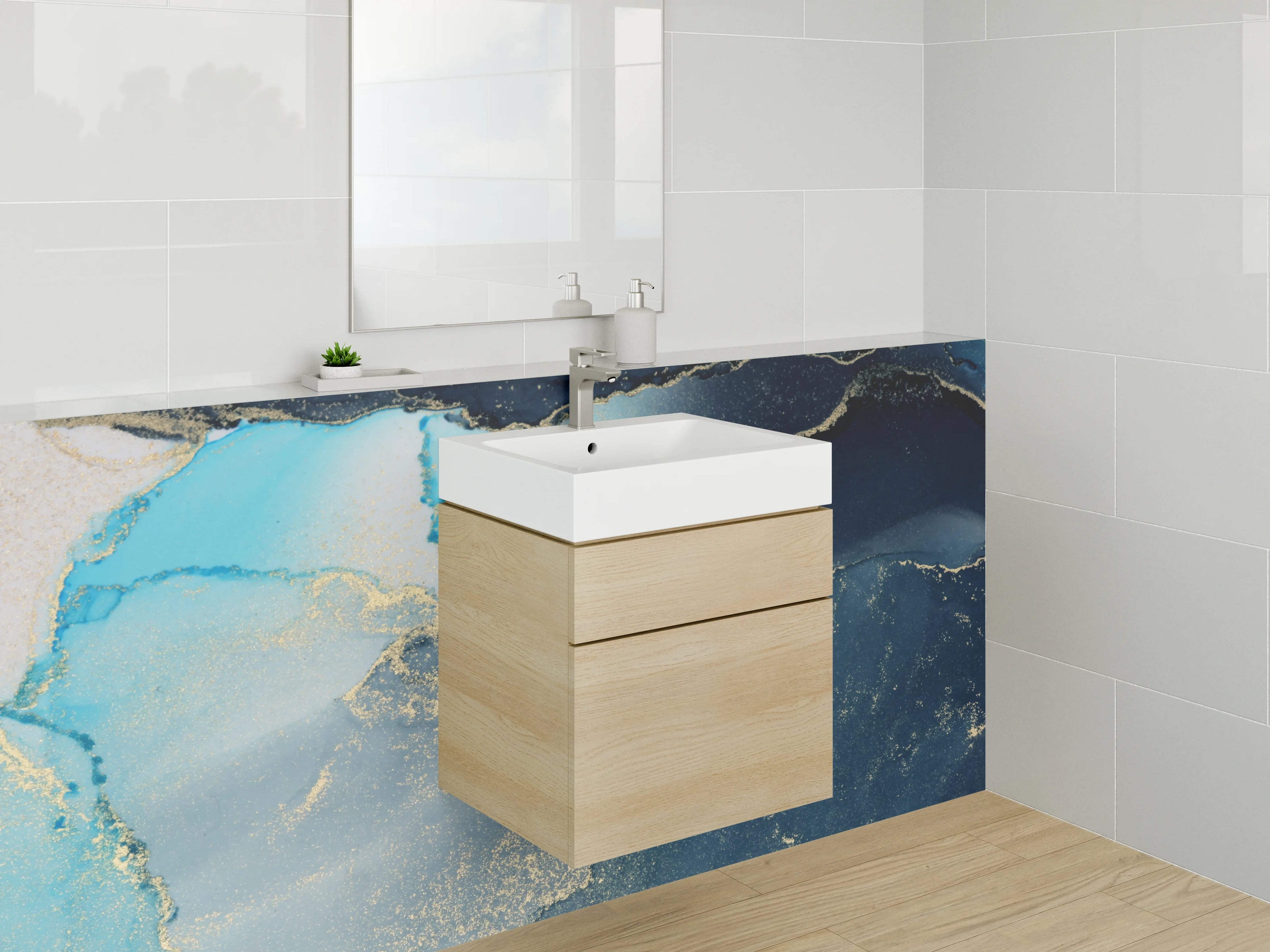 Waschbecken-Rückwand - Abstraktes Blau Gold Aquarell-Design