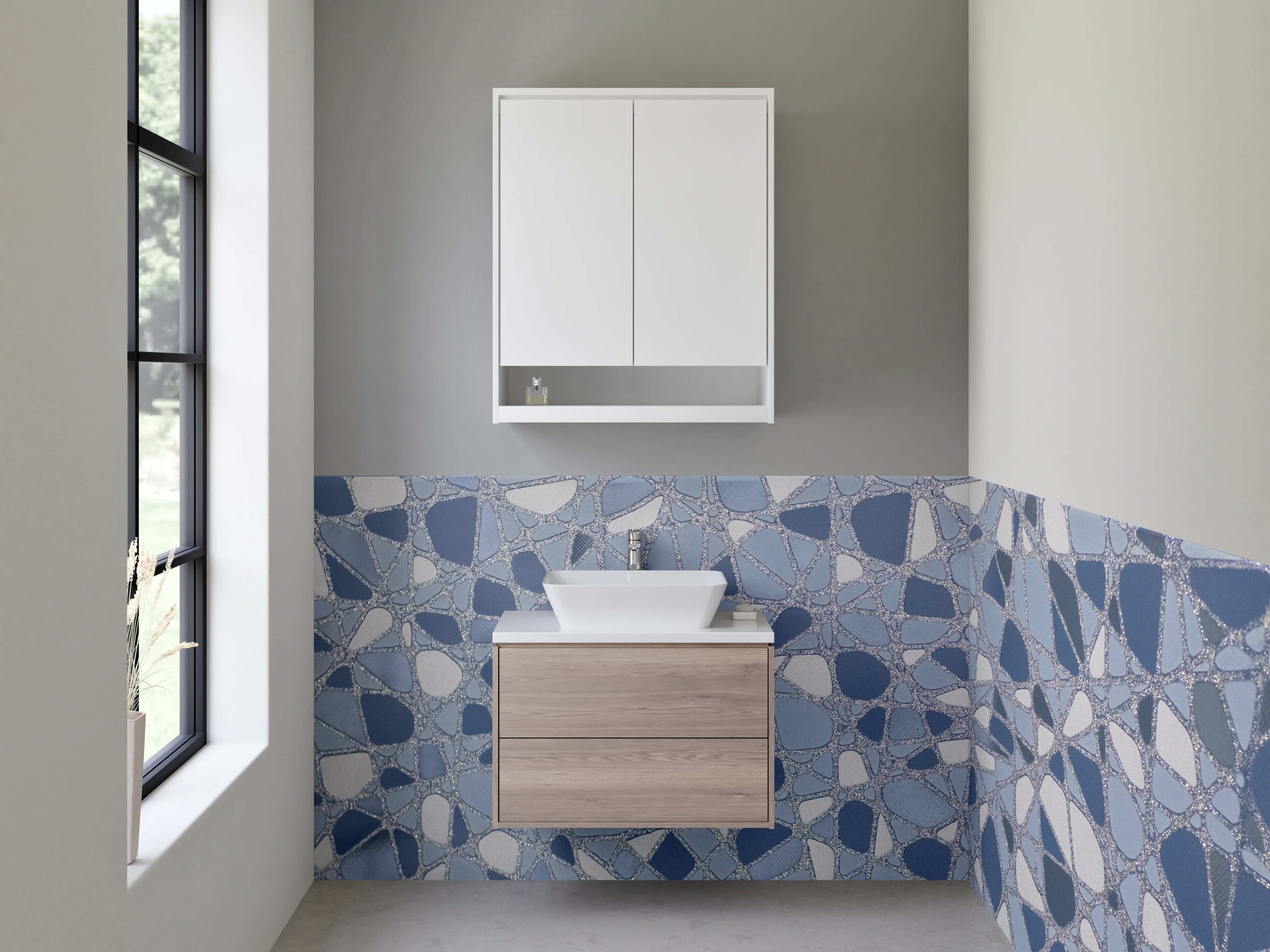 Waschbecken-Rückwand - Abstraktes Fliesen-Mosaik in Blautönen