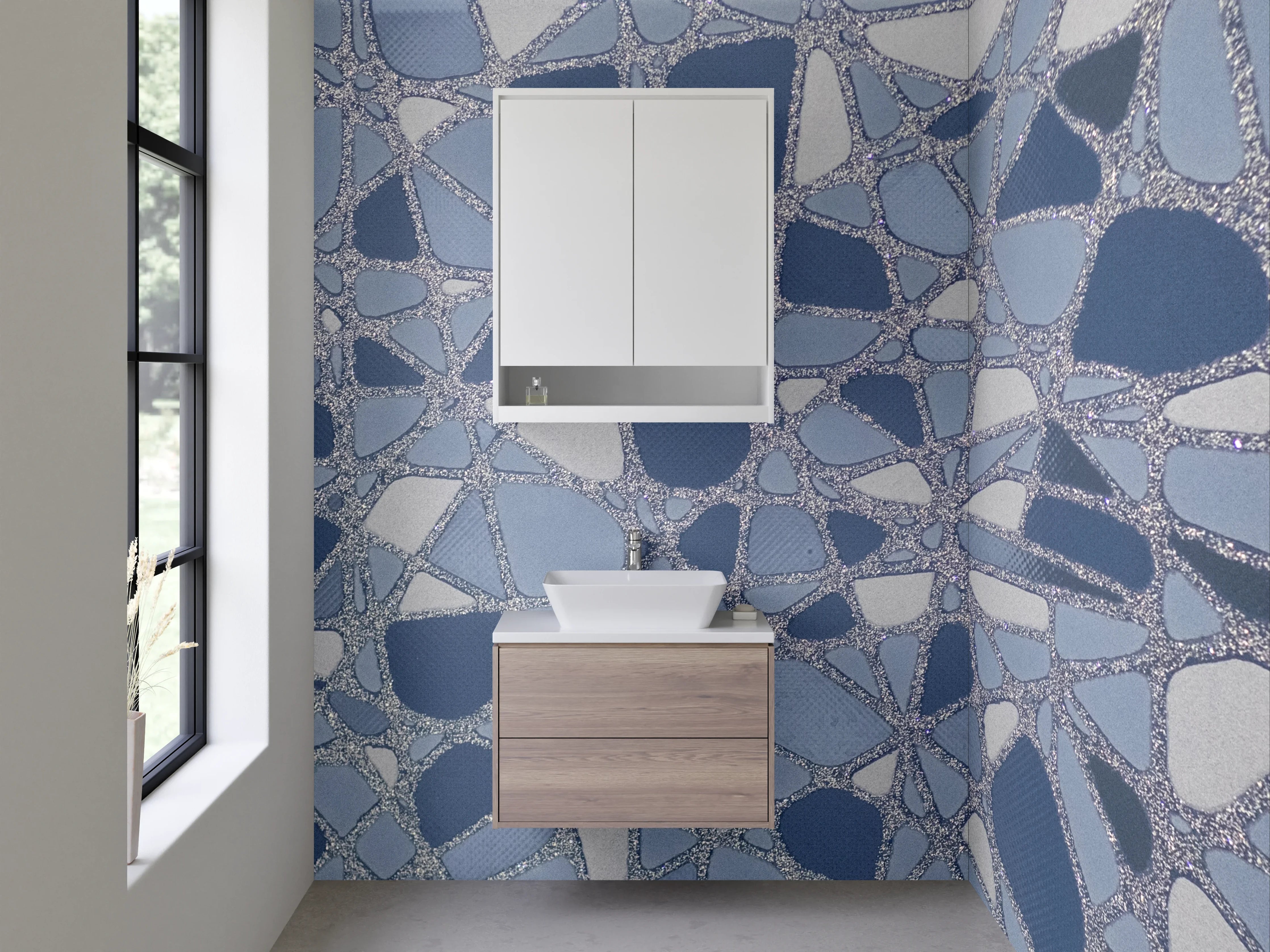 Waschbecken-Rückwand - Abstraktes Fliesen-Mosaik in Blautönen