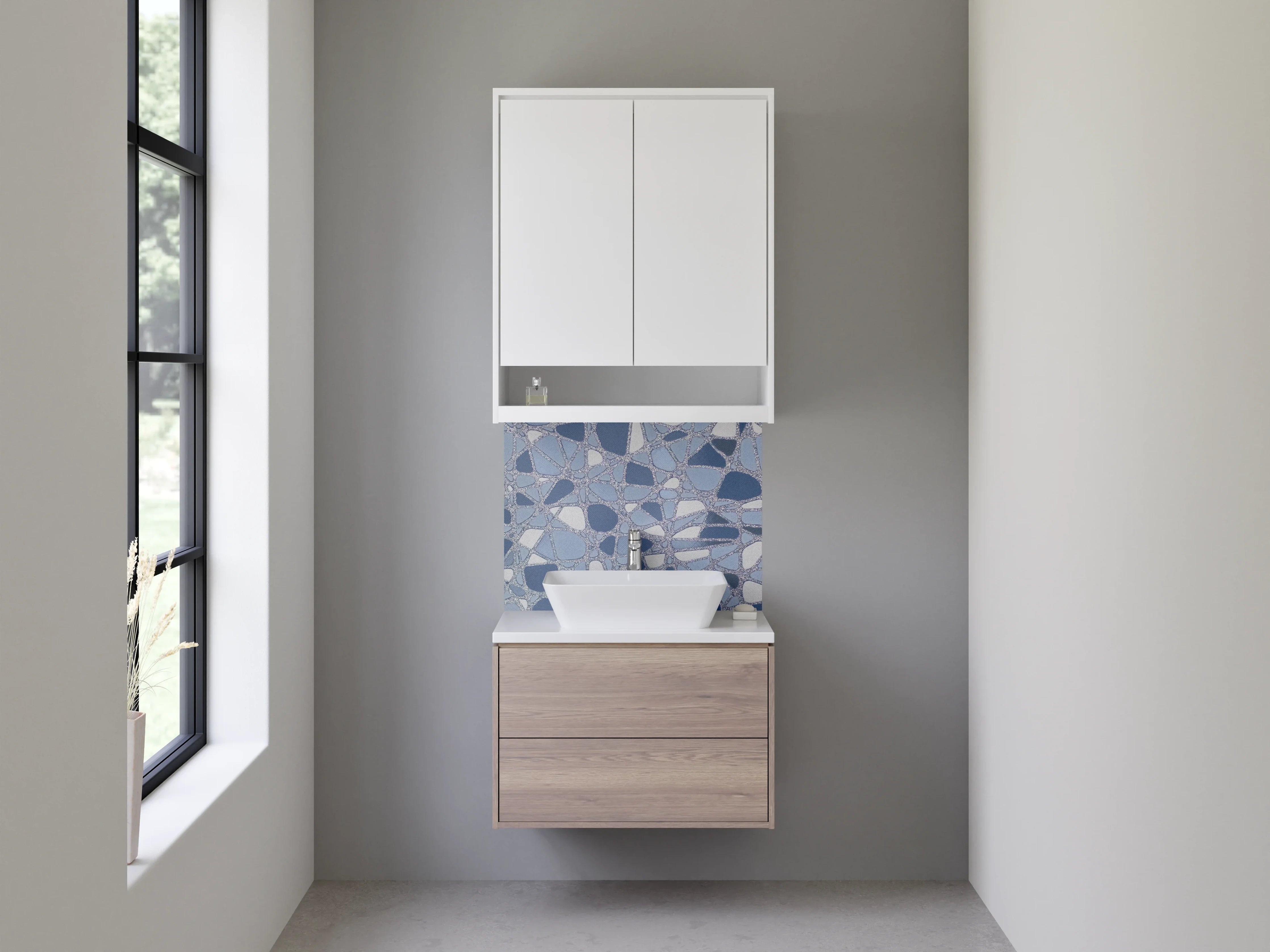 Waschbecken-Rückwand - Abstraktes Fliesen-Mosaik in Blautönen