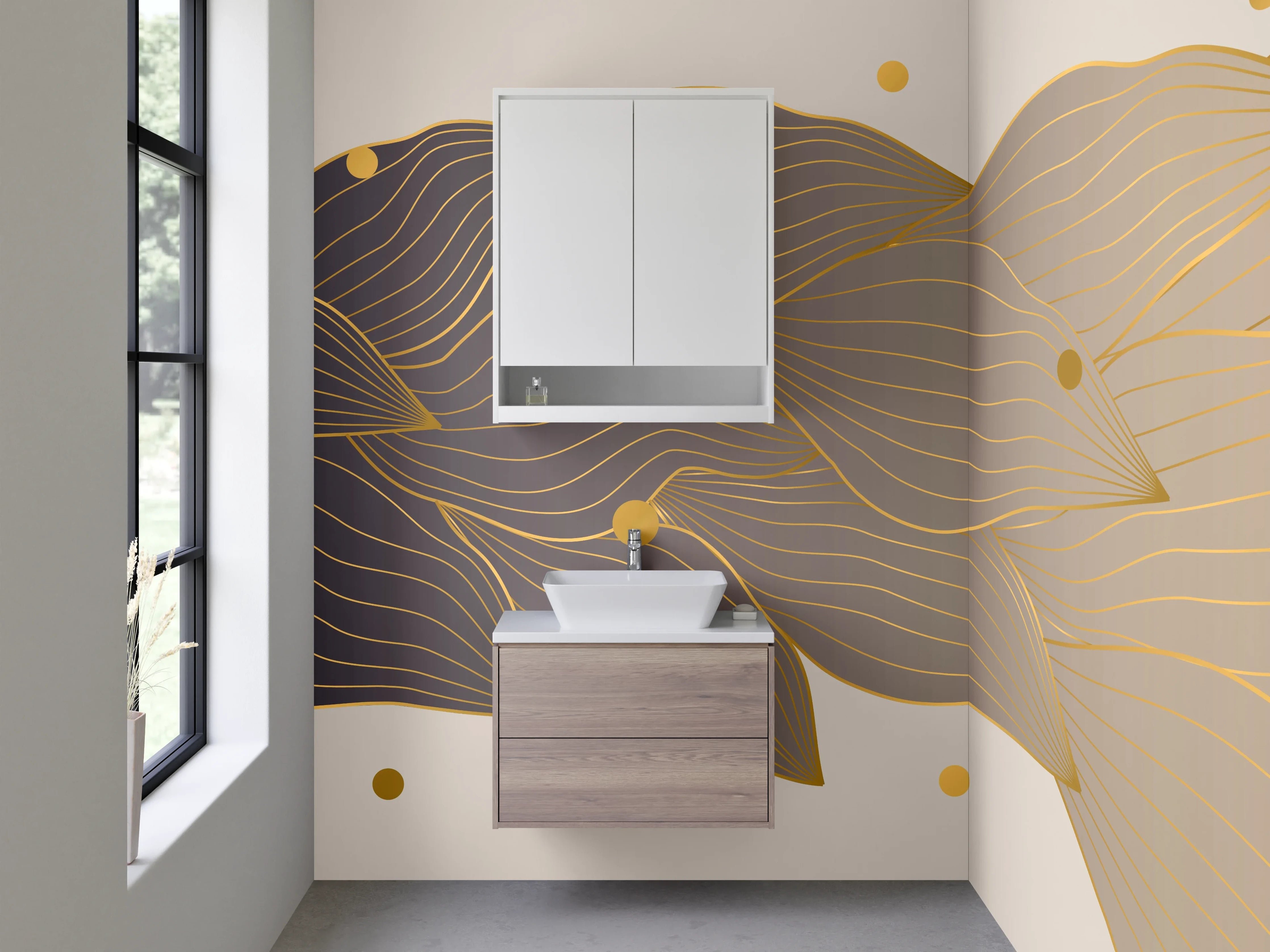 Waschbecken-Rückwand - Abstraktes Gold Lineart auf Beige