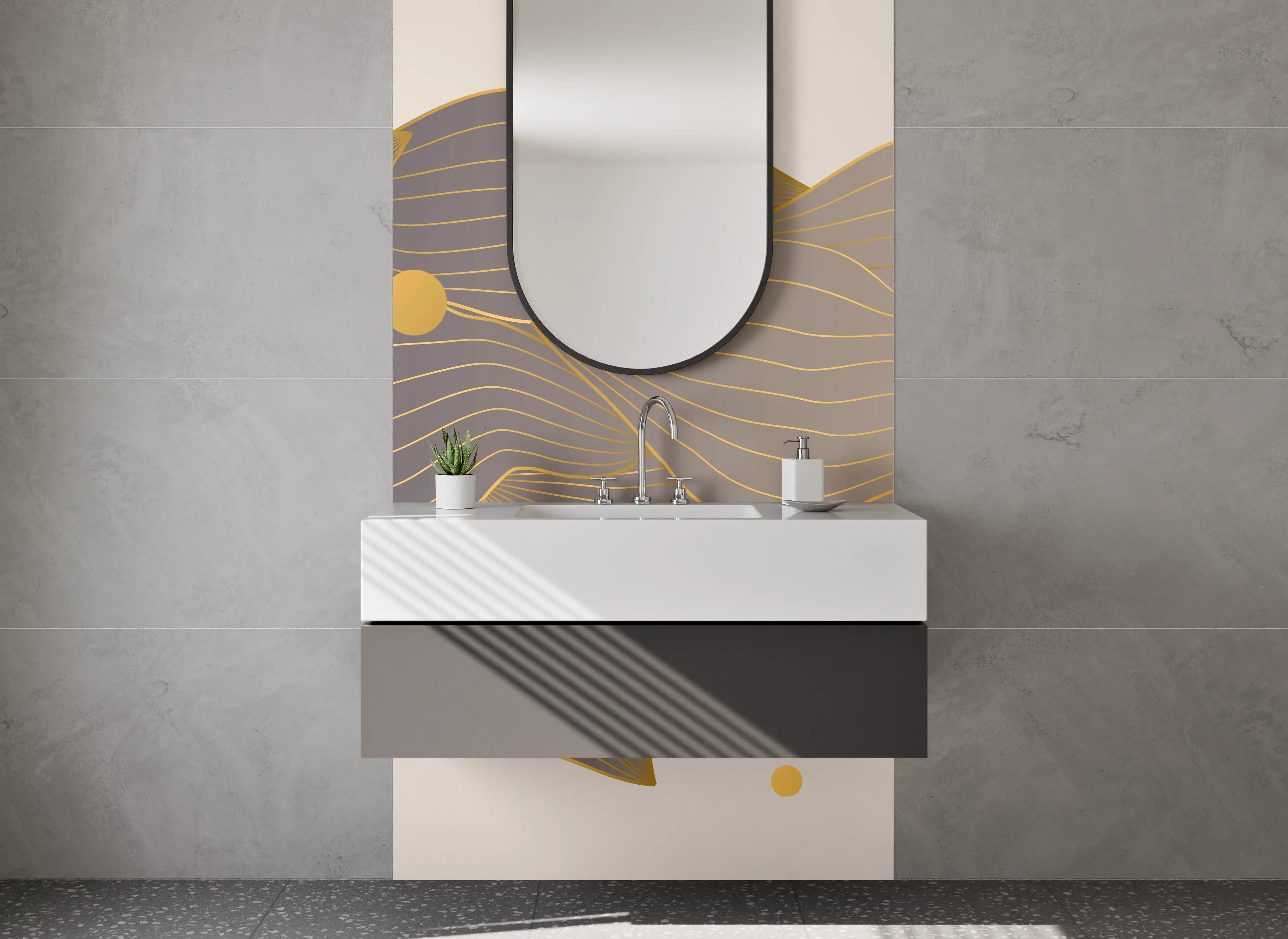 Waschbecken-Rückwand - Abstraktes Gold Lineart auf Beige