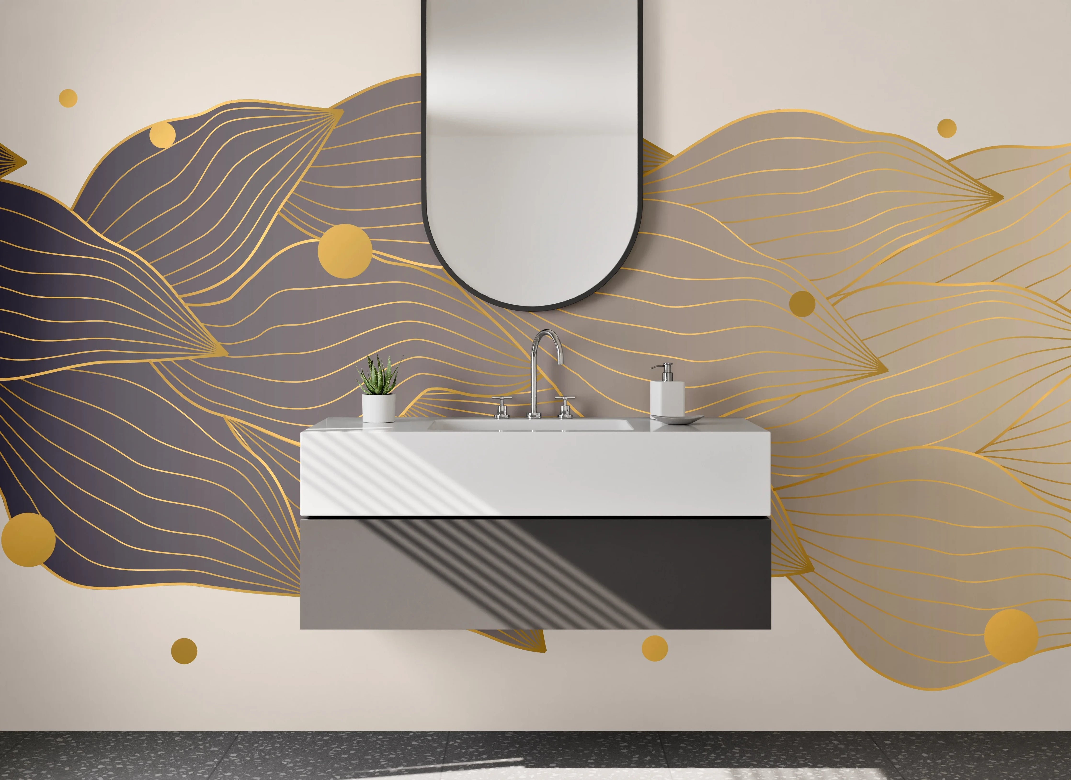 Waschbecken-Rückwand - Abstraktes Gold Lineart auf Beige