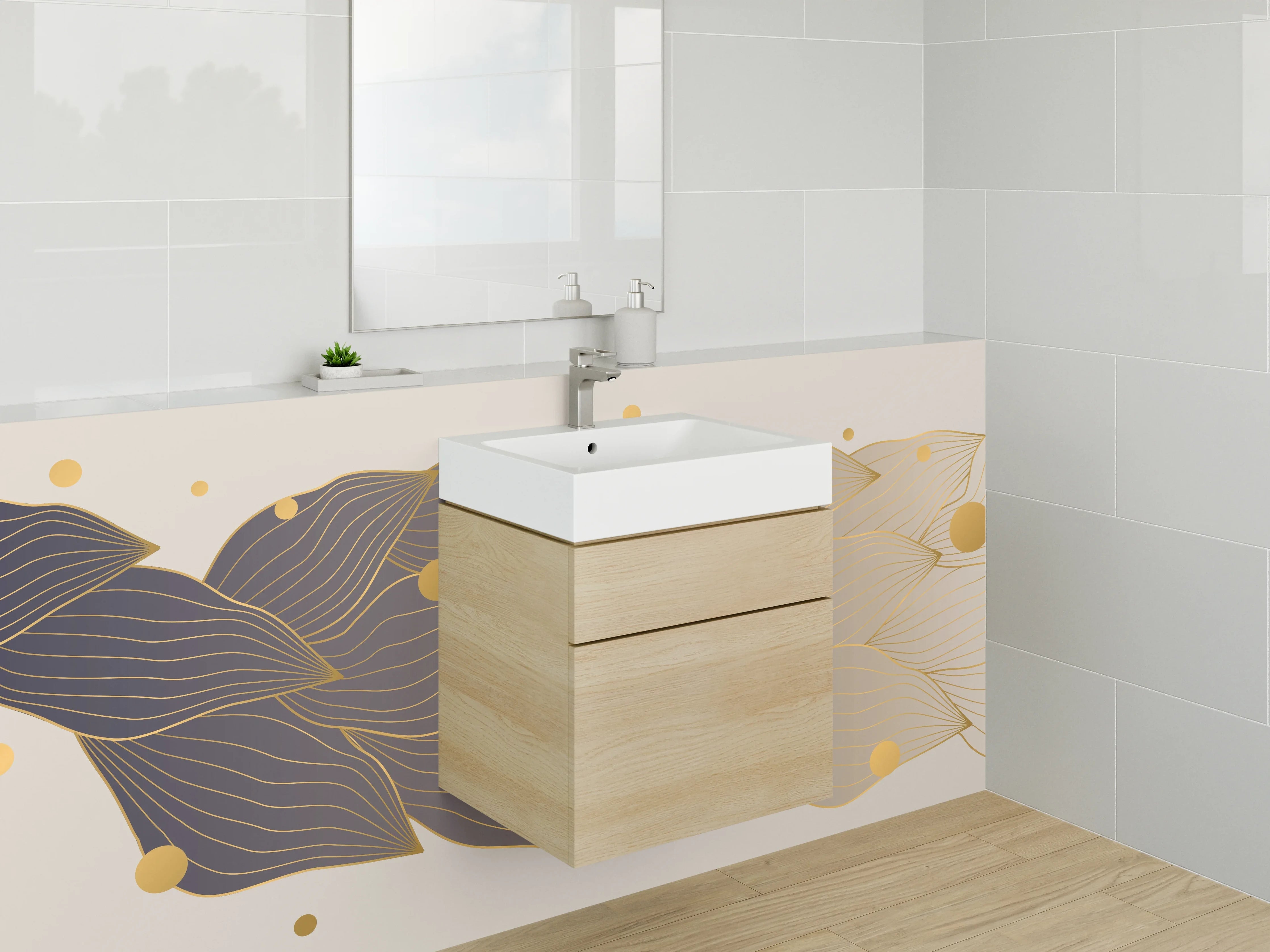 Waschbecken-Rückwand - Abstraktes Gold Lineart auf Beige