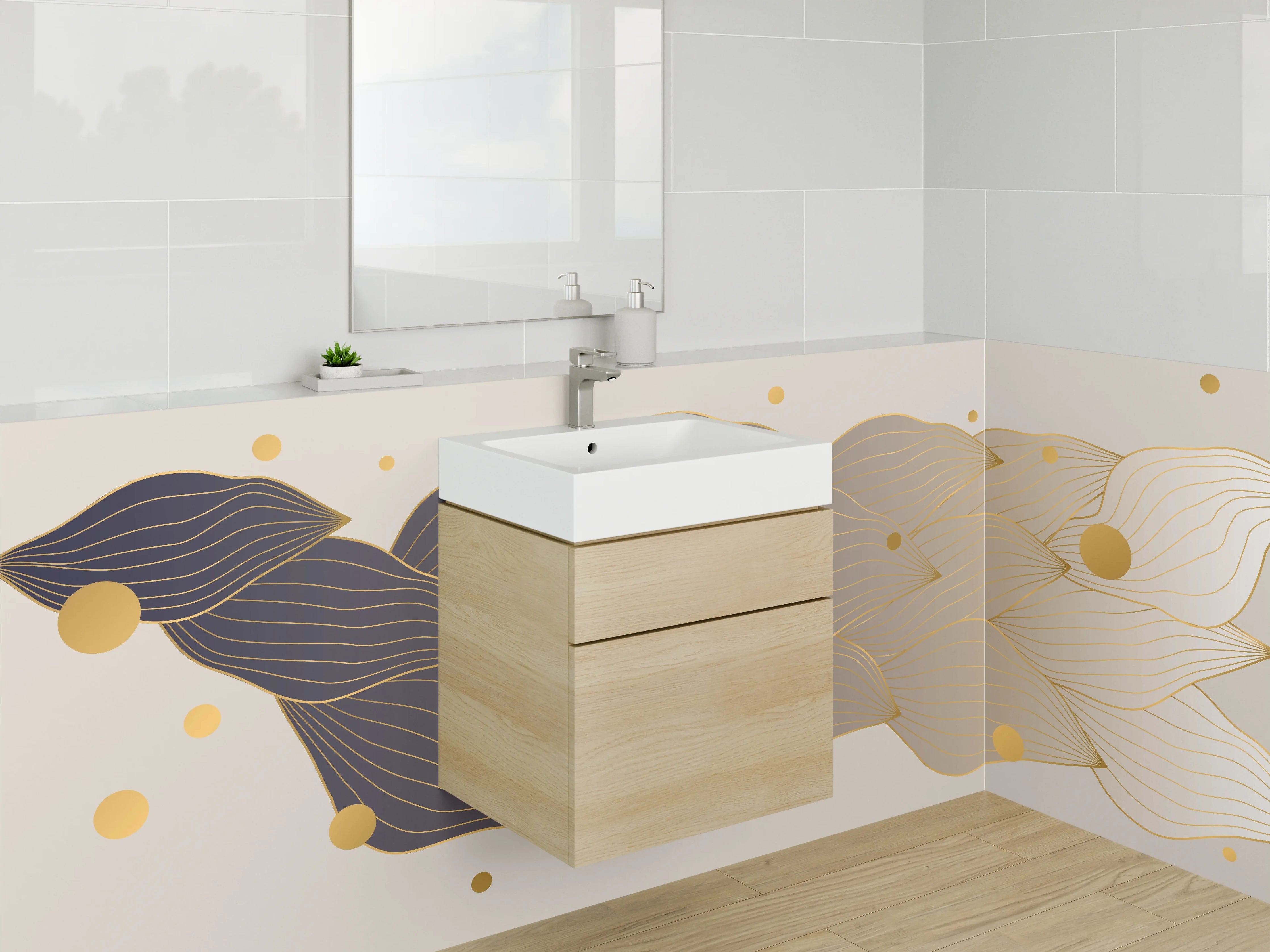 Waschbecken-Rückwand - Abstraktes Gold Lineart auf Beige