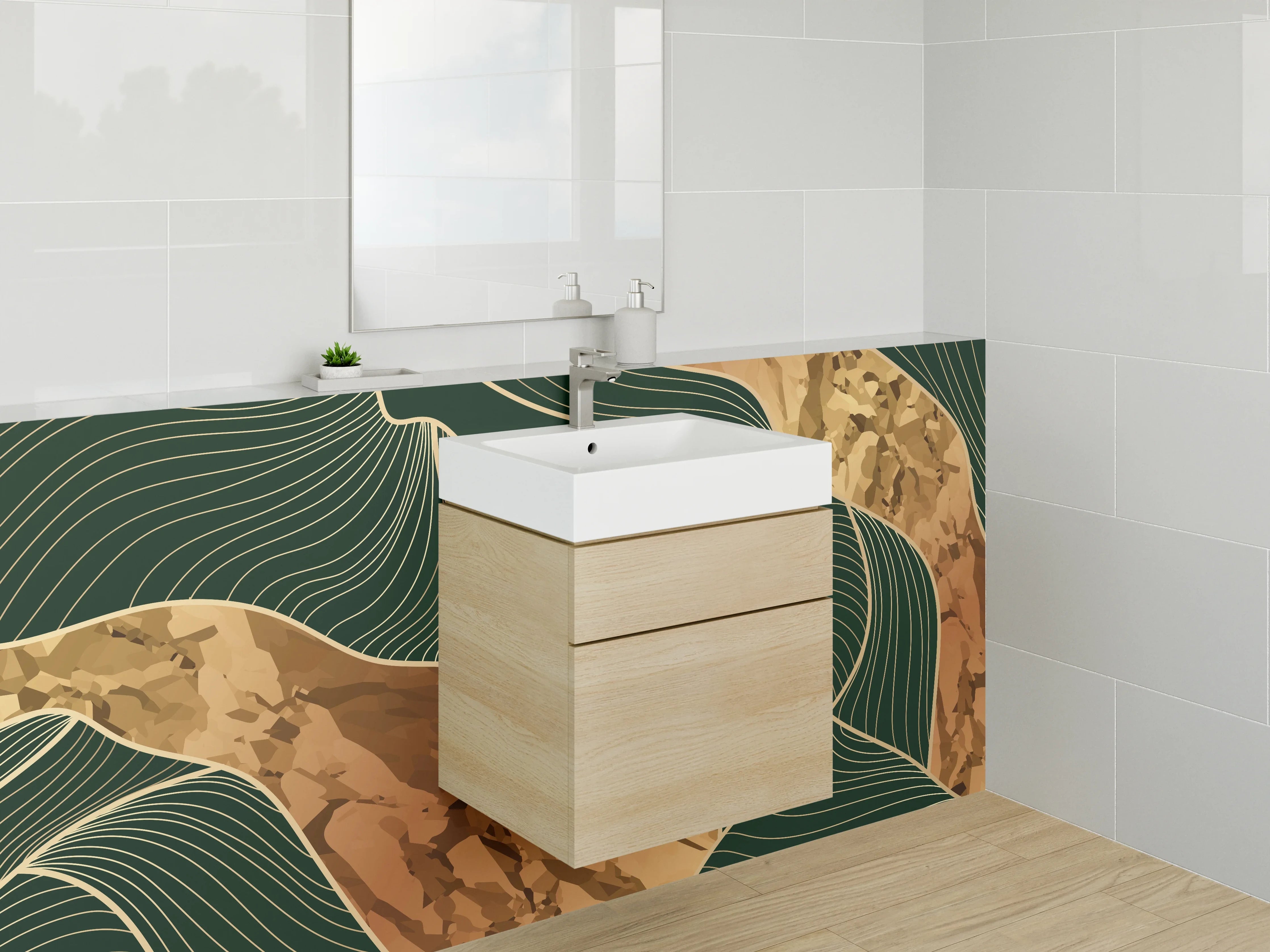 Waschbecken-Rückwand - Abstraktes Gold-Linienmuster Dunkelgrün Braun