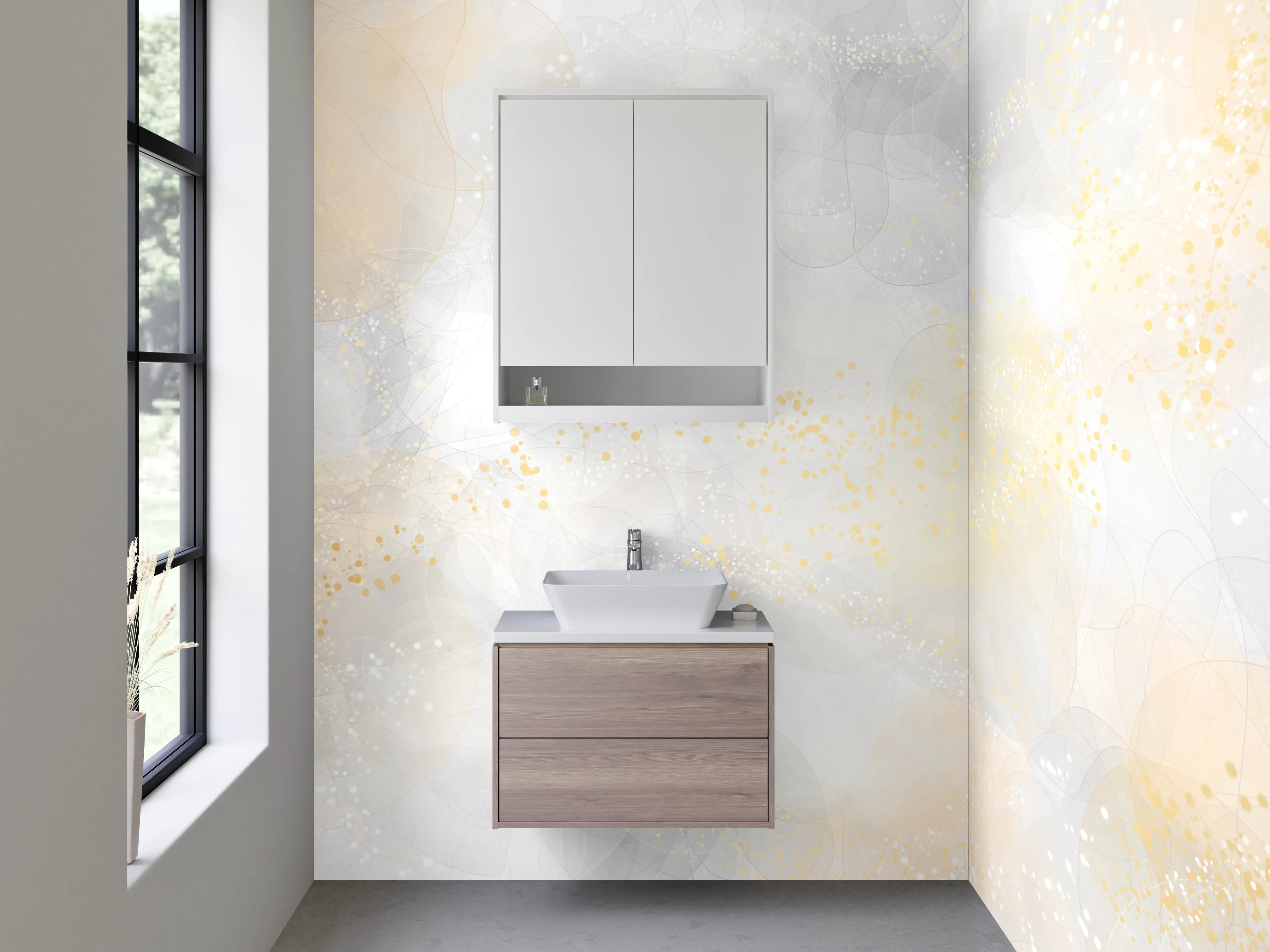 Waschbecken-Rückwand - Abstraktes Gold auf Weiß und Beige