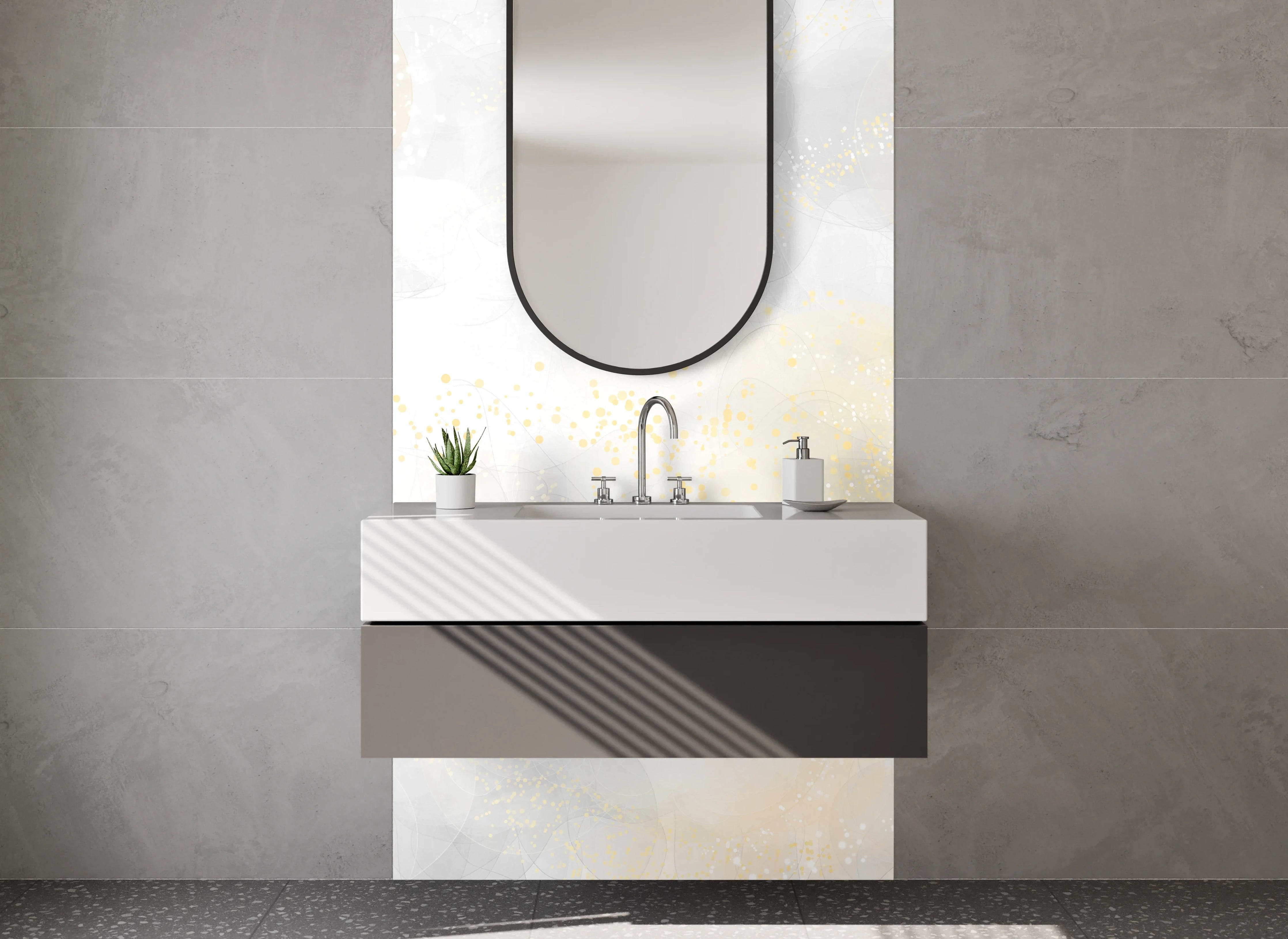 Waschbecken-Rückwand - Abstraktes Gold auf Weiß und Beige